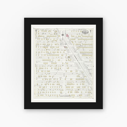 Old map wall art mockup — black gallery frame with white mat — Sanborn Fire Insurance Map from Birmingham, Oakland County, Michigan (1926), Sheet #0007