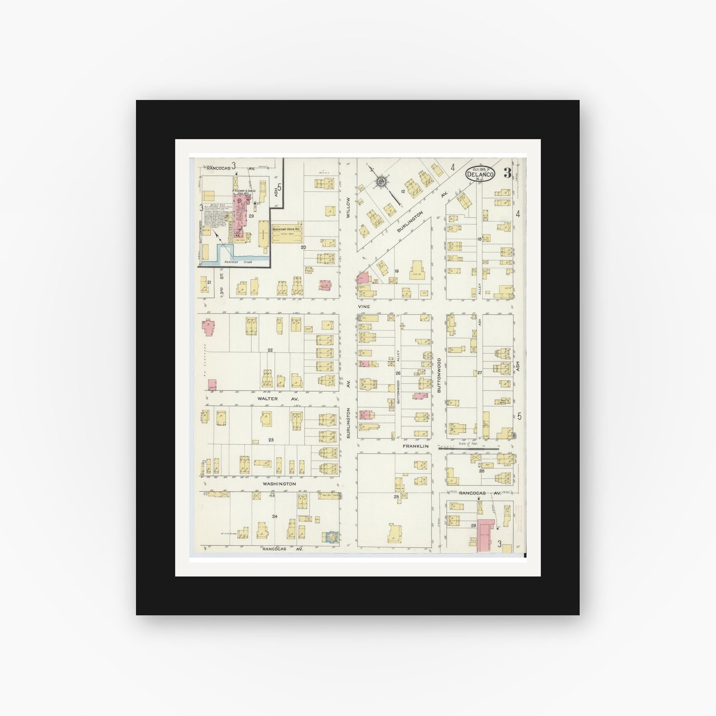 Old map wall art mockup — black gallery frame with white mat — Sanborn Fire Insurance Map from Delanco, Burlington County, New Jersey (1915), Sheet #0003
