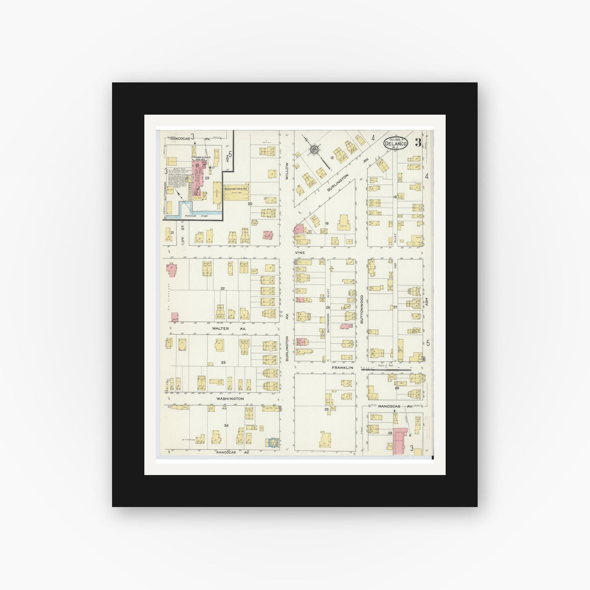 Old map wall art mockup — black gallery frame with white mat — Sanborn Fire Insurance Map from Delanco, Burlington County, New Jersey (1915), Sheet #0003