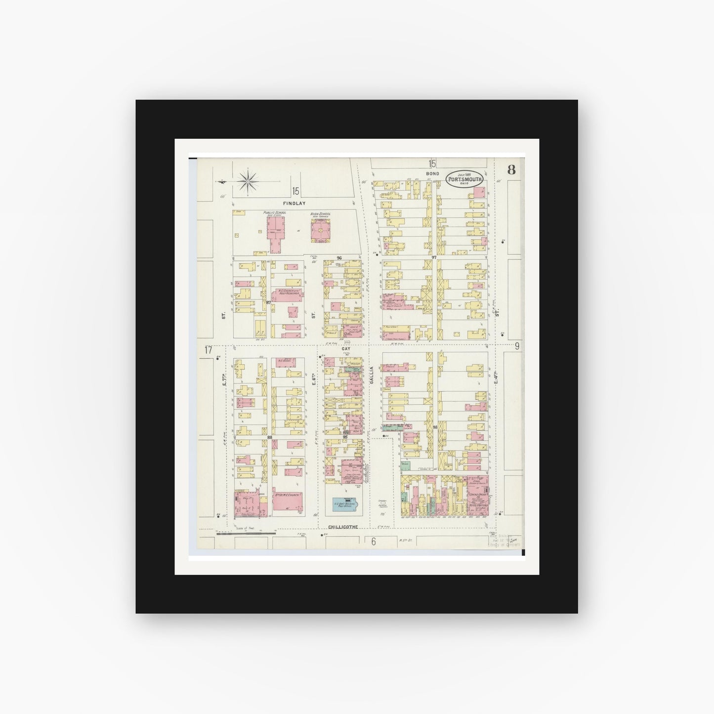 Old map wall art mockup — black gallery frame with white mat — Sanborn Fire Insurance Map from Portsmouth, Scioto County, Ohio (1897), Sheet #0008