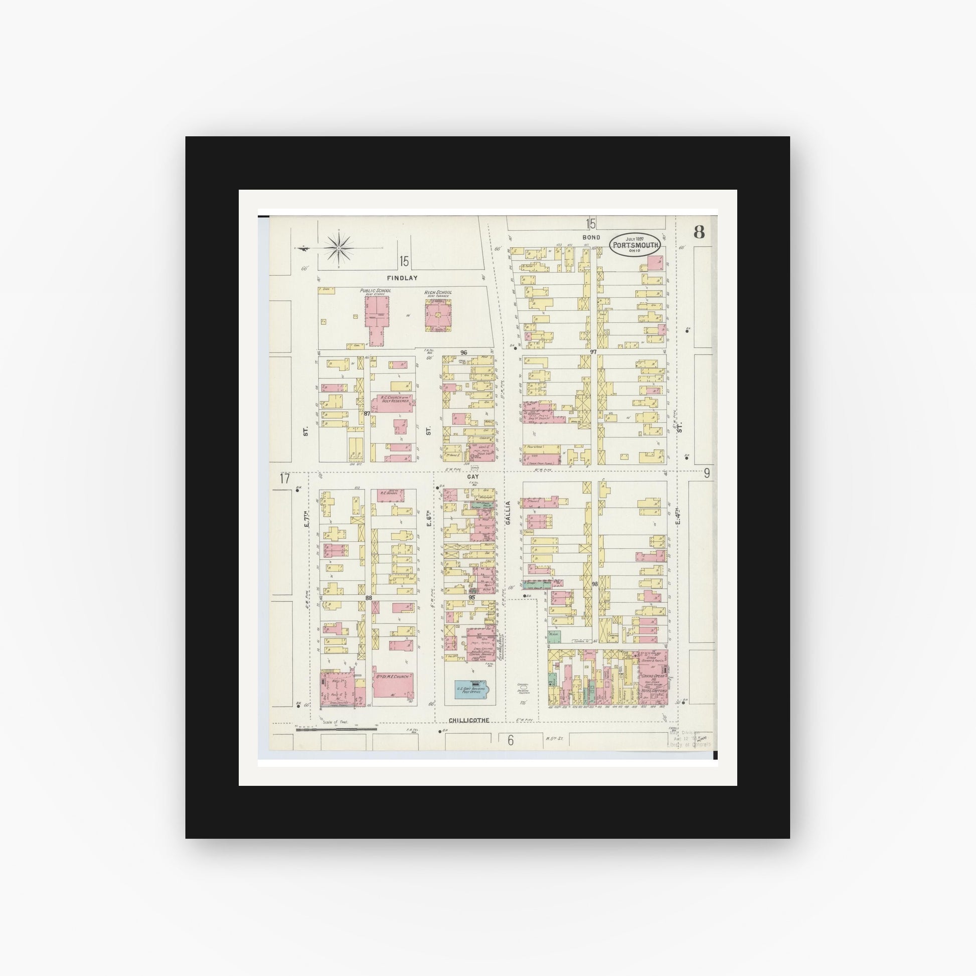 Old map wall art mockup — black gallery frame with white mat — Sanborn Fire Insurance Map from Portsmouth, Scioto County, Ohio (1897), Sheet #0008