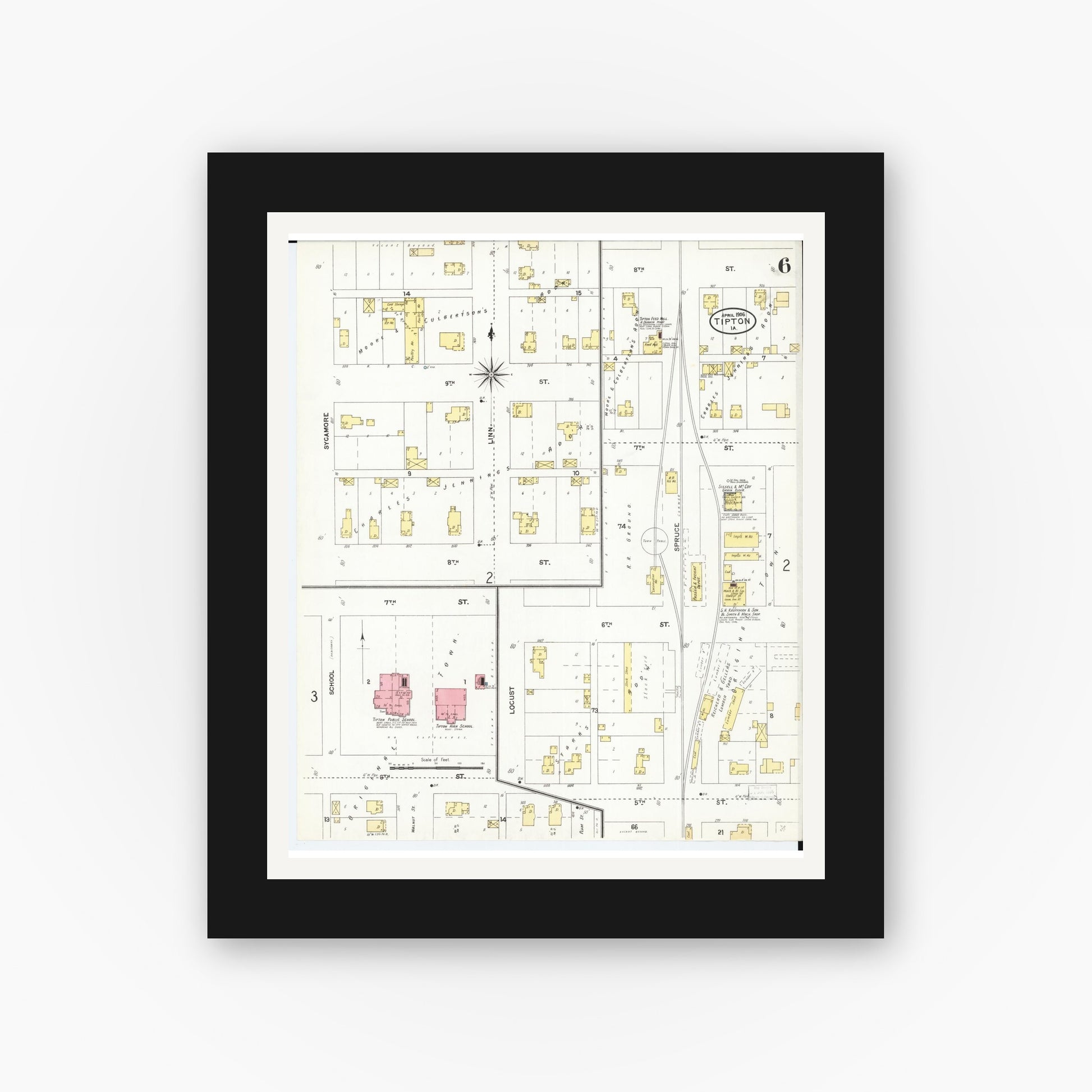 Old map wall art mockup — black gallery frame with white mat — Sanborn Fire Insurance Map from Tipton, Cedar County, Iowa (1906), Sheet #0006