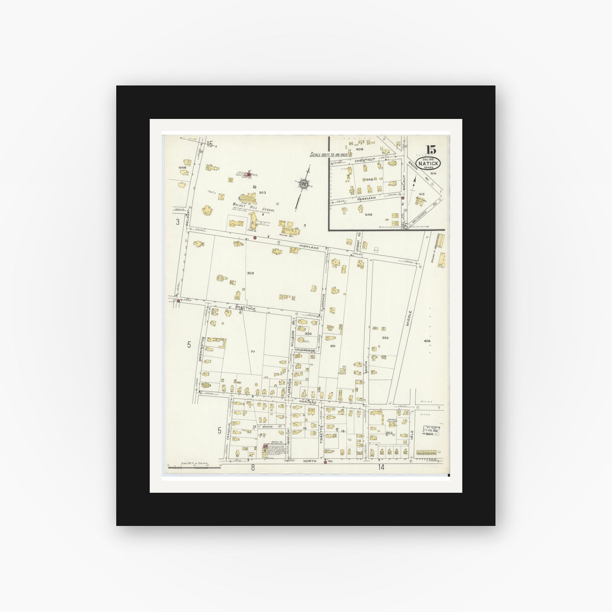 Old map wall art mockup — black gallery frame with white mat — Sanborn Fire Insurance Map from Natick, Middlesex County, Massachusetts (1915), Sheet #0015