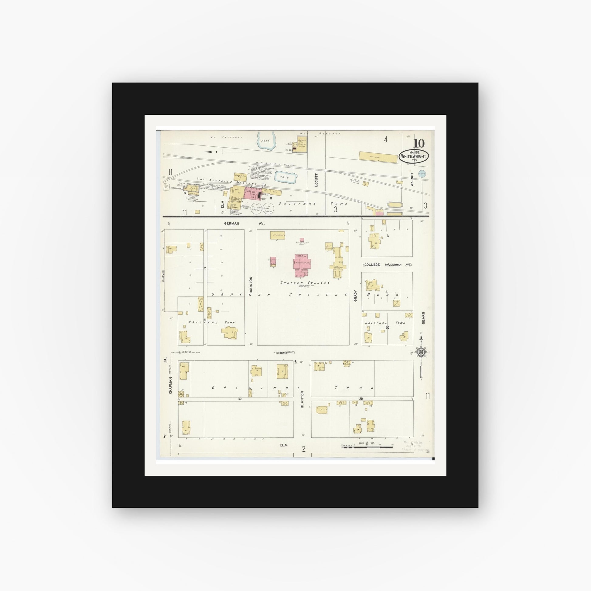 Old map wall art mockup — black gallery frame with white mat — Sanborn Fire Insurance Map from Whitewright, Grayson County, Texas (1912), Sheet #0010