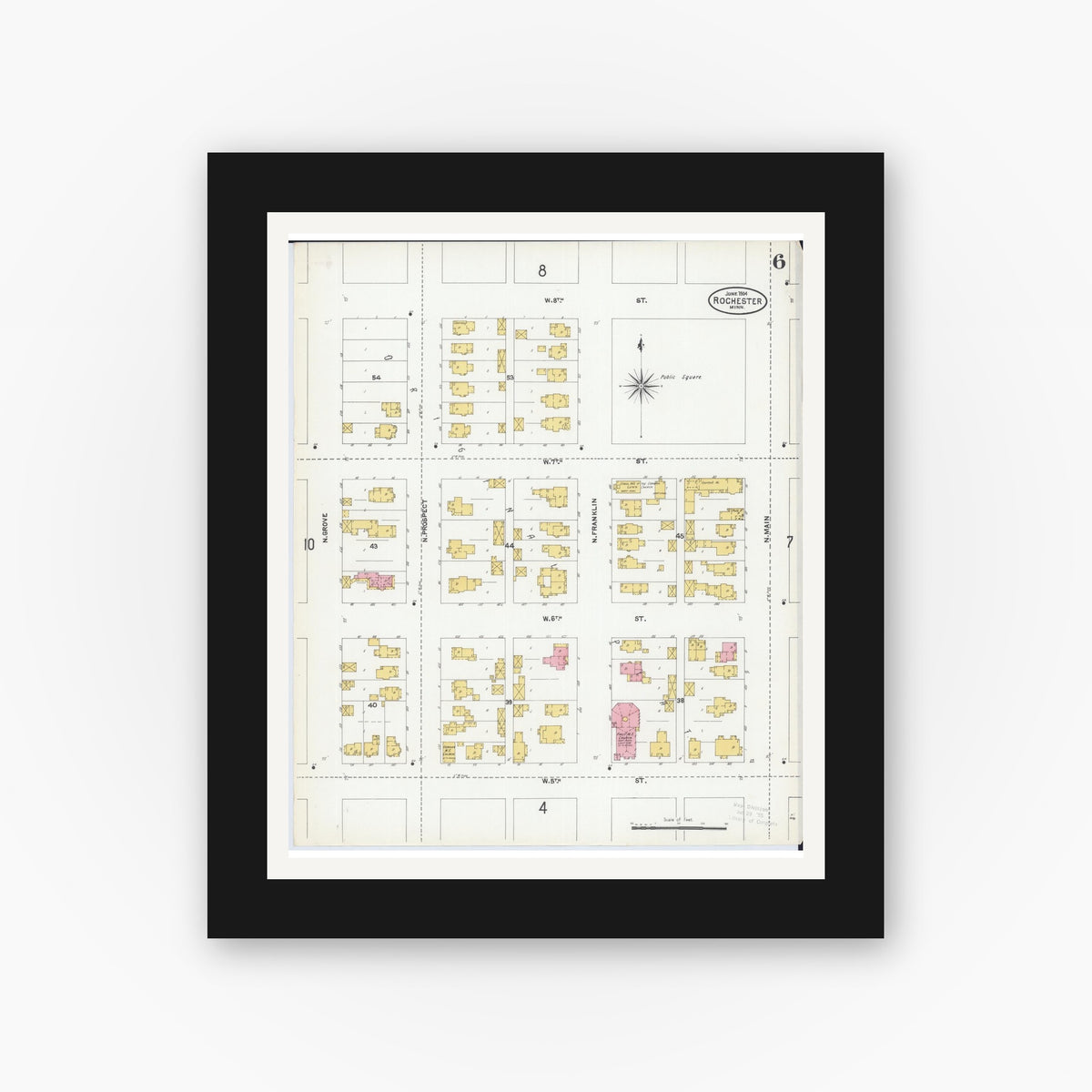 Old map wall art mockup — black gallery frame with white mat — Sanborn Fire Insurance Map from Rochester, Olmsted County, Minnesota (1904), Sheet #0006