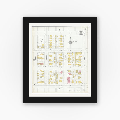 Old map wall art mockup — black gallery frame with white mat — Sanborn Fire Insurance Map from Rochester, Olmsted County, Minnesota (1904), Sheet #0006