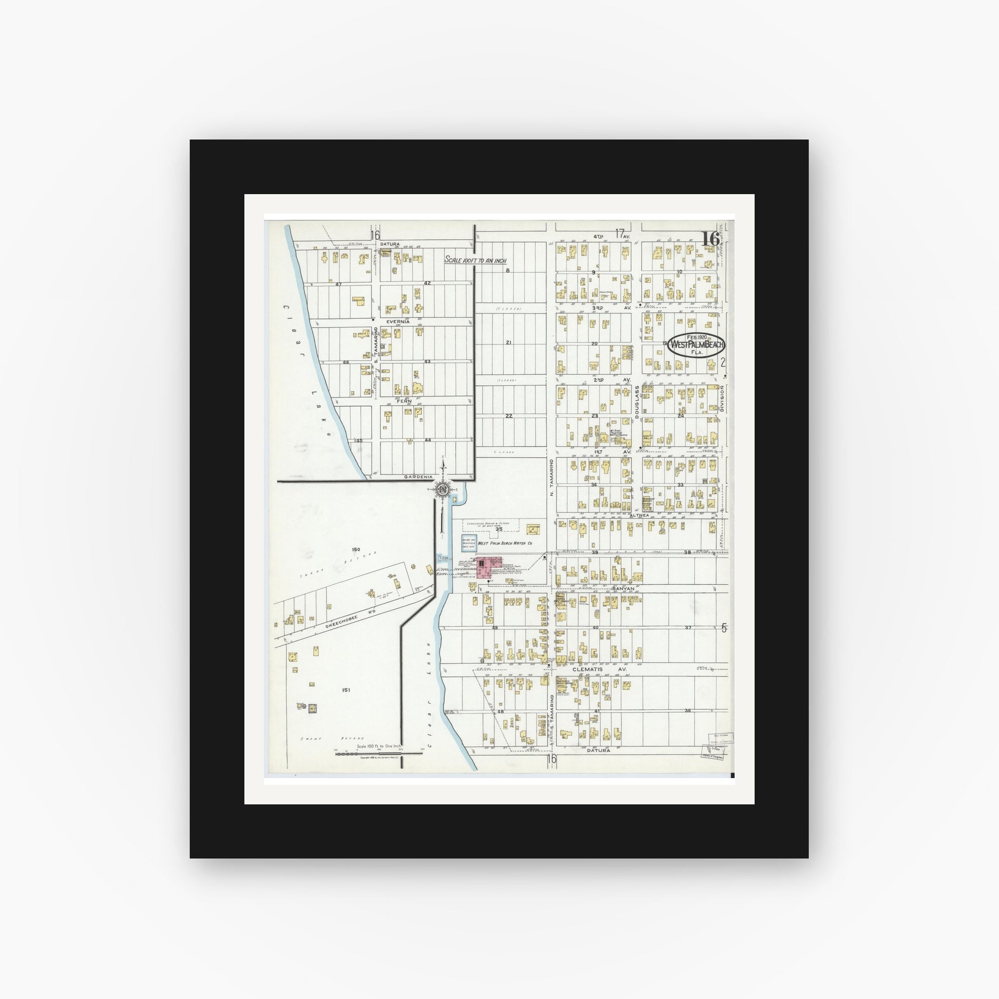 Old map wall art mockup — black gallery frame with white mat — Sanborn Fire Insurance Map from West Palm Beach, Dade County, Florida (1920), Sheet #0016