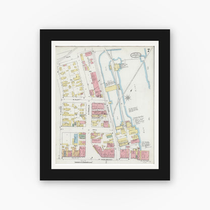 Old map wall art mockup — black gallery frame with white mat — Sanborn Fire Insurance Map from Janesville, Rock County, Wisconsin (1895), Sheet #0007