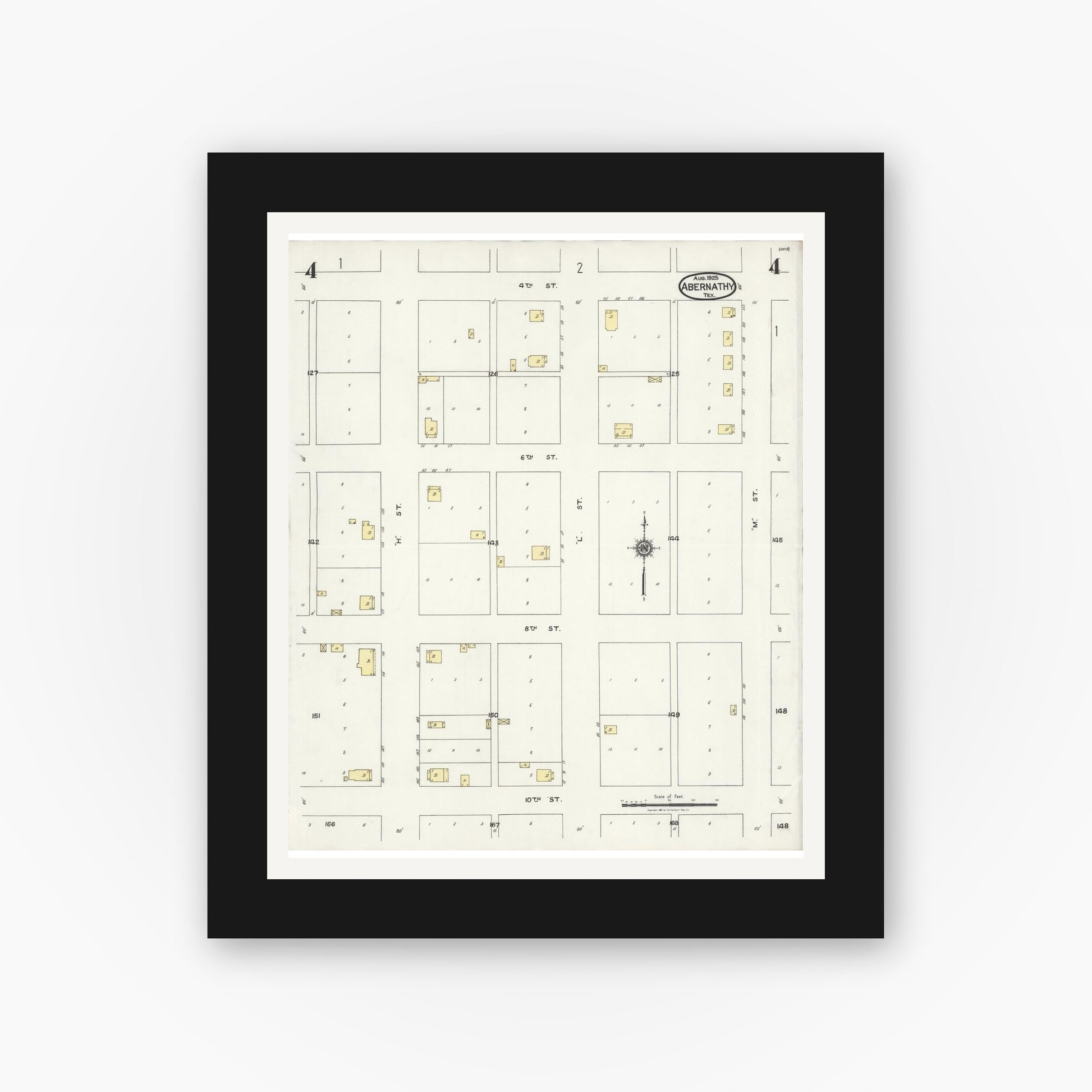 Old map wall art mockup — black gallery frame with white mat — Sanborn Fire Insurance Map from Abernathy, Hale County, Texas (1925), Sheet #0004