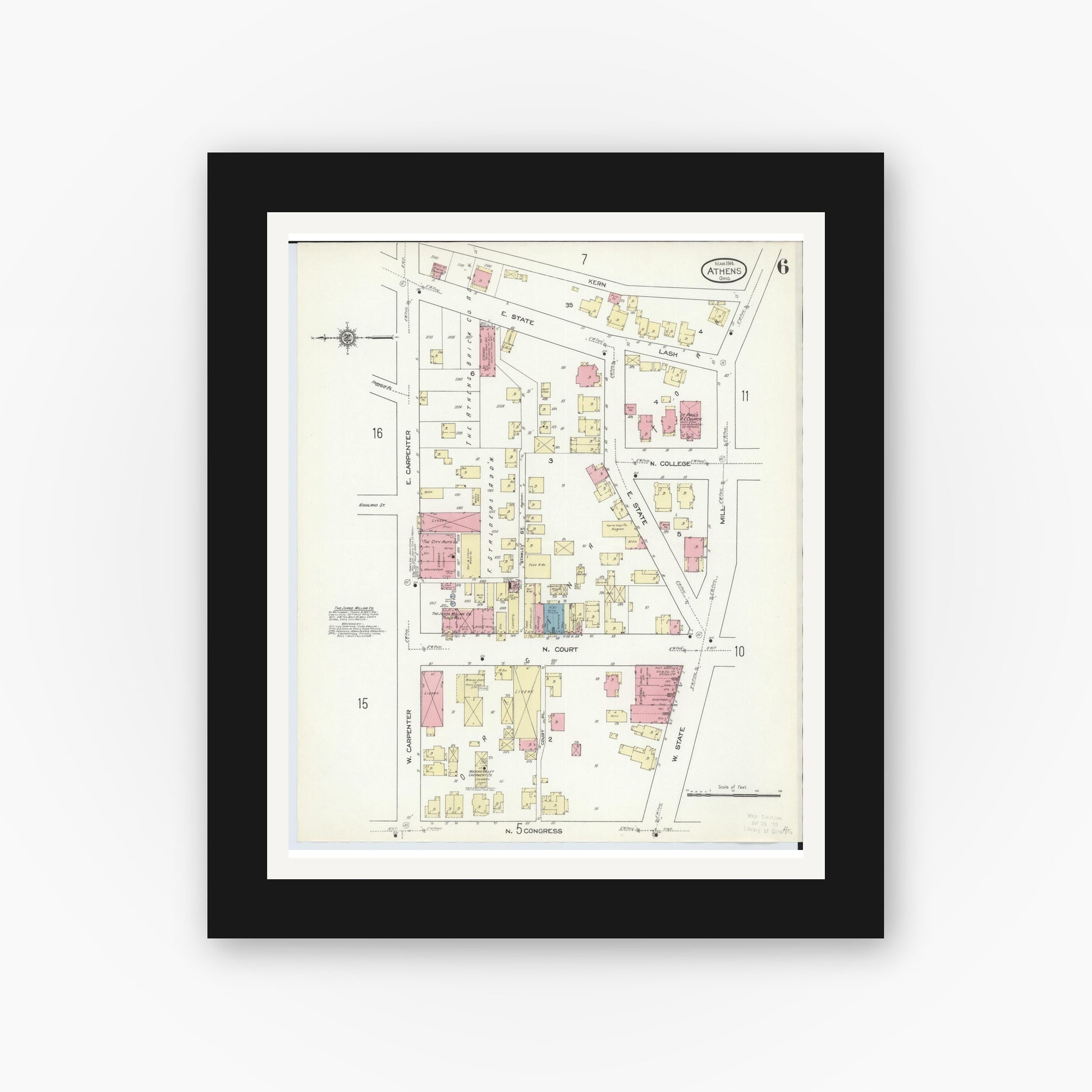 Old map wall art mockup — black gallery frame with white mat — Sanborn Fire Insurance Map from Athens, Athens County, Ohio (1914), Sheet #0006