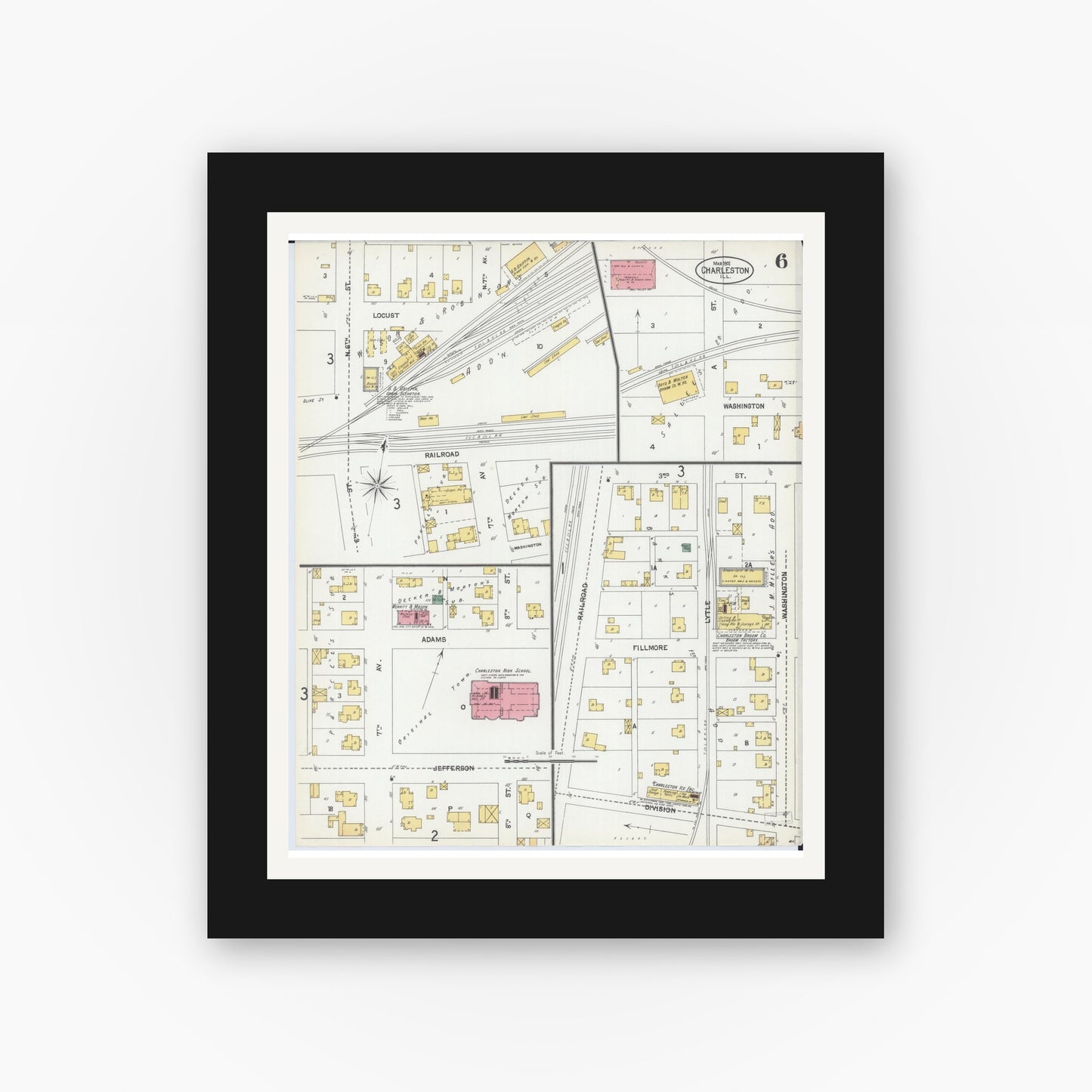 Old map wall art mockup — black gallery frame with white mat — Sanborn Fire Insurance Map from Charleston, Coles County, Illinois (1902), Sheet #0006