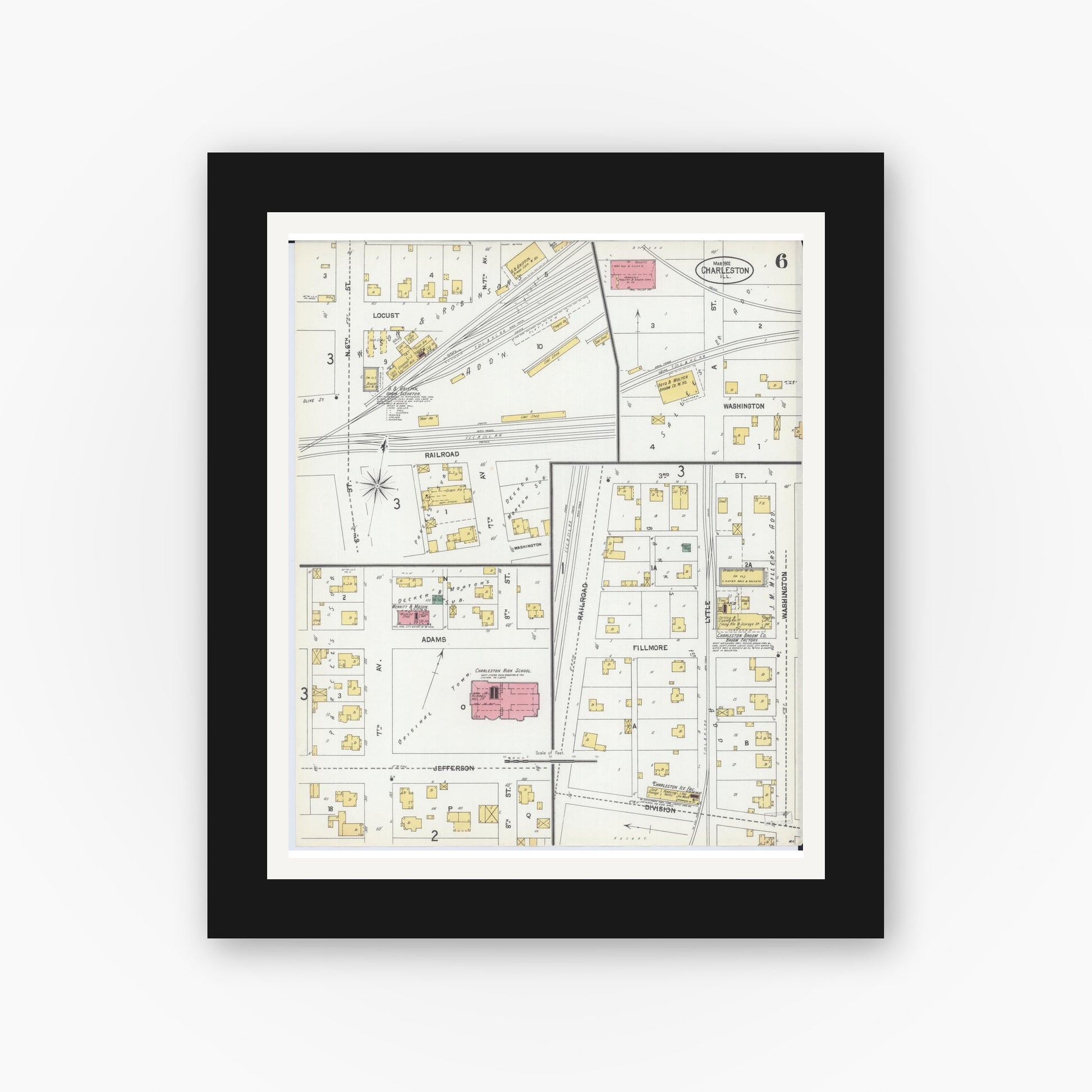 Old map wall art mockup — black gallery frame with white mat — Sanborn Fire Insurance Map from Charleston, Coles County, Illinois (1902), Sheet #0006