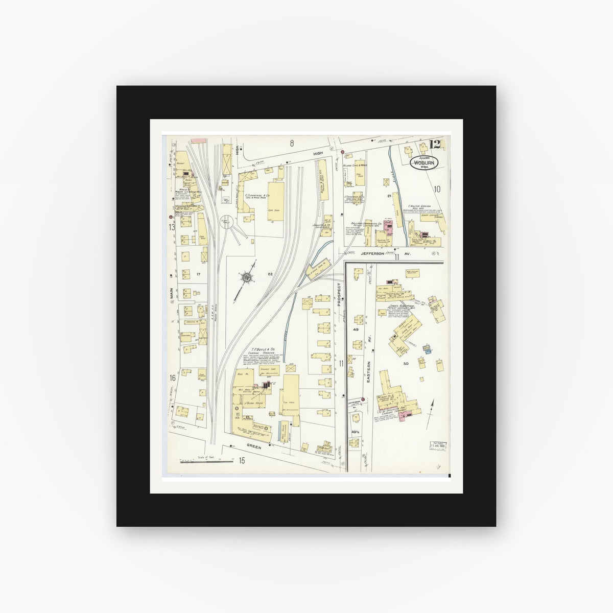 Old map wall art mockup — black gallery frame with white mat — Sanborn Fire Insurance Map from Woburn, Middlesex County, Massachusetts (1910), Sheet #0012
