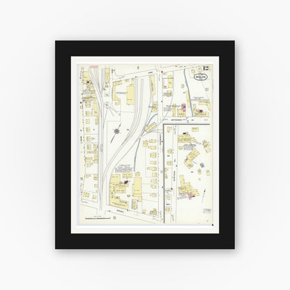 Old map wall art mockup — black gallery frame with white mat — Sanborn Fire Insurance Map from Woburn, Middlesex County, Massachusetts (1910), Sheet #0012