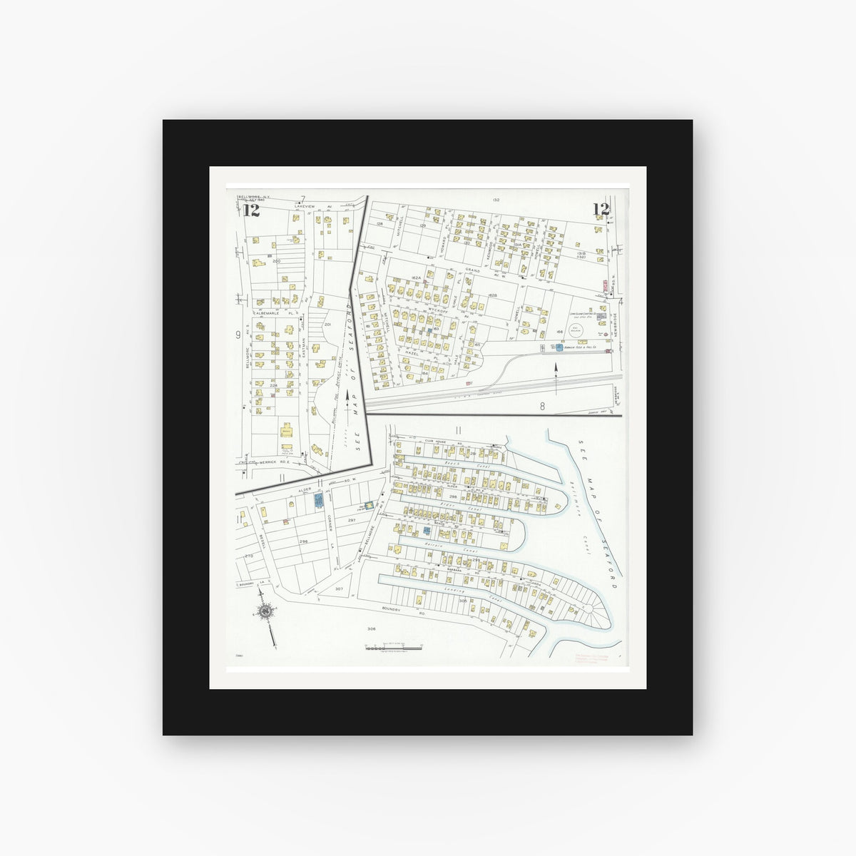 Old map wall art mockup — black gallery frame with white mat — Sanborn Fire Insurance Map from Bellmore, Nassau County, New York (1940), Sheet #0012