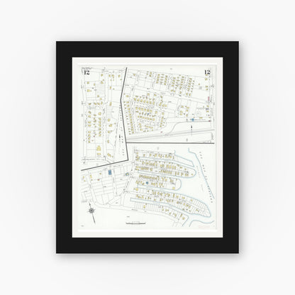 Old map wall art mockup — black gallery frame with white mat — Sanborn Fire Insurance Map from Bellmore, Nassau County, New York (1940), Sheet #0012