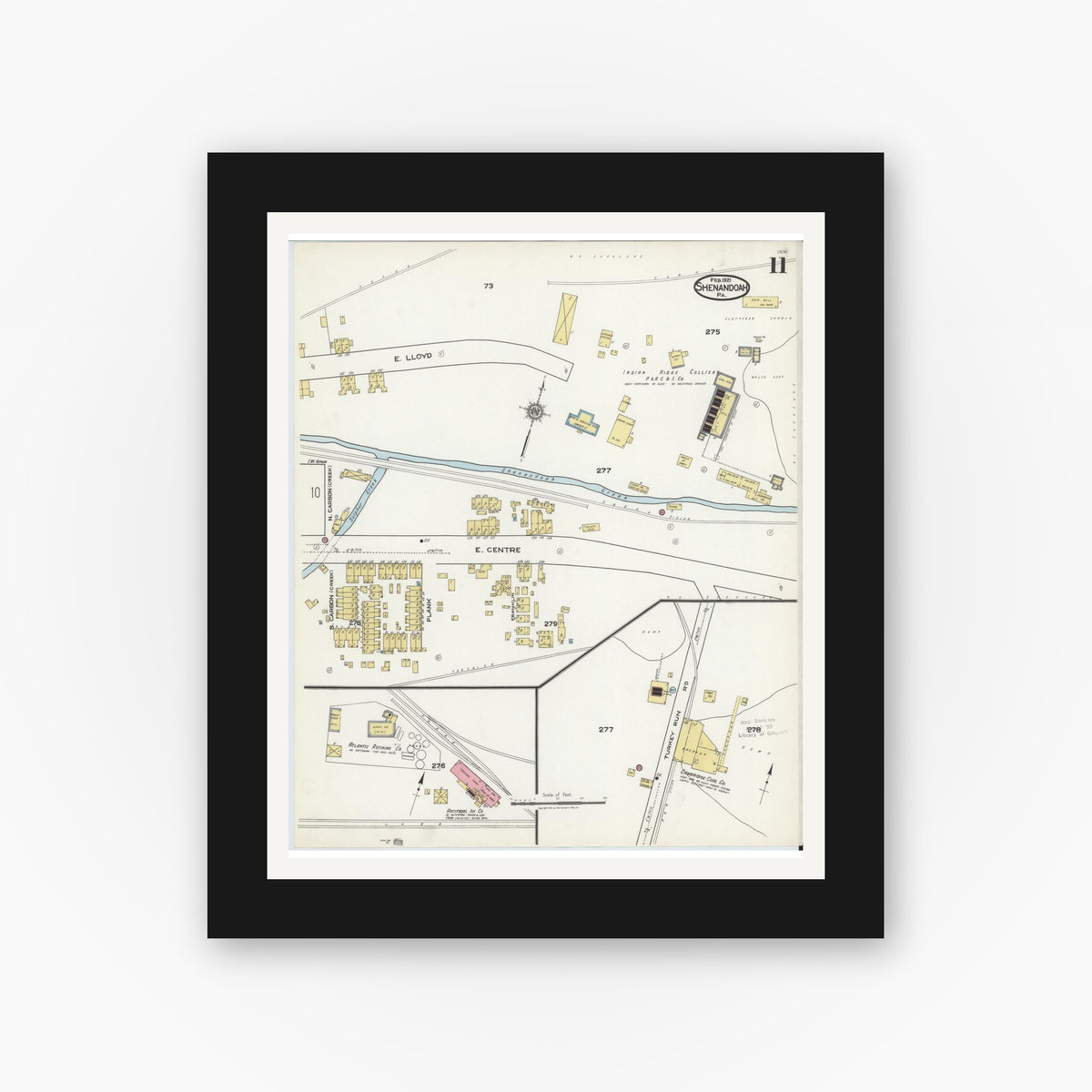 Old map wall art mockup — black gallery frame with white mat — Sanborn Fire Insurance Map from Shenandoah, Schuylkill County, Pennsylvania (1921), Sheet #0011
