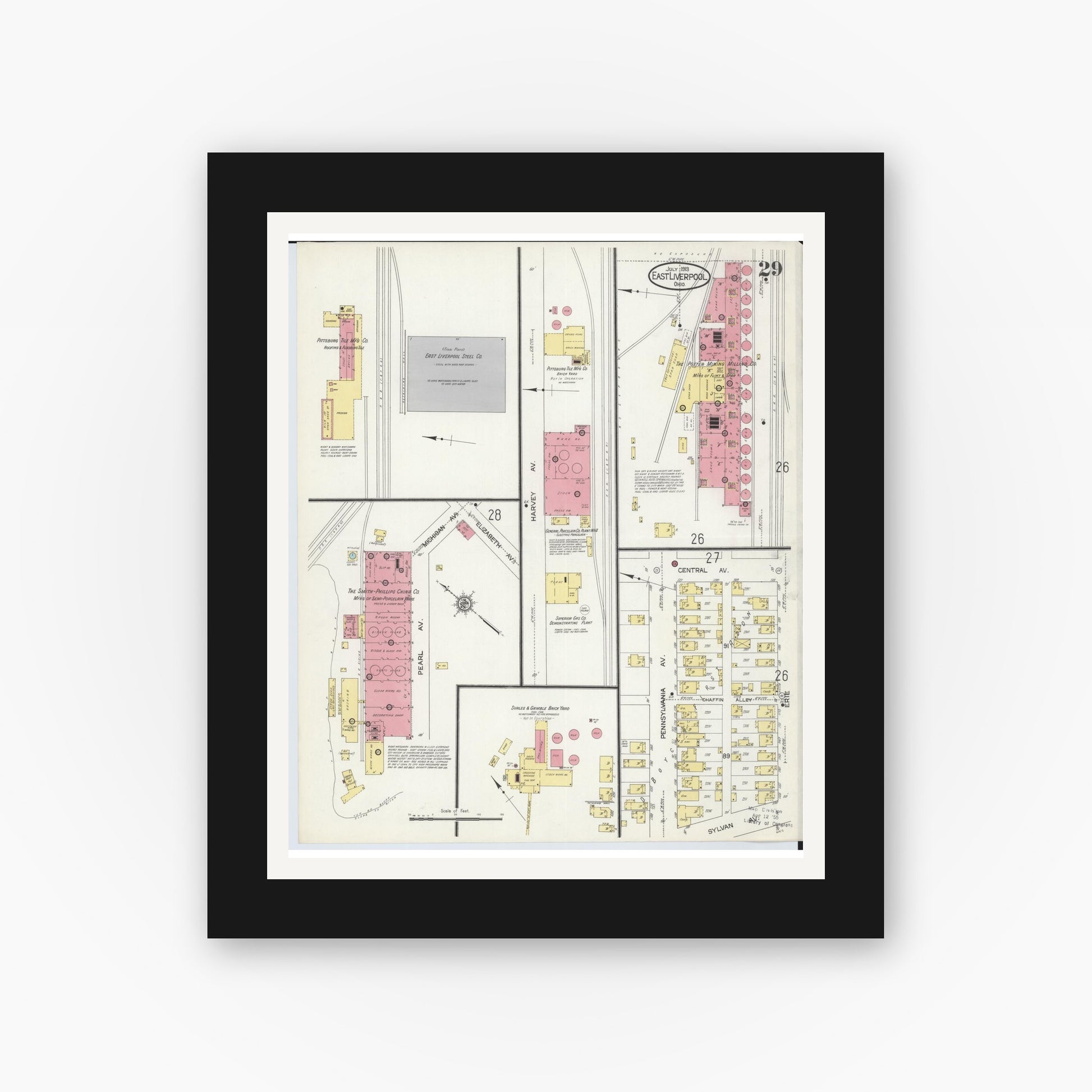 Old map wall art mockup — black gallery frame with white mat — Sanborn Fire Insurance Map from East Liverpool, Columbiana County, Ohio (1913), Sheet #0029