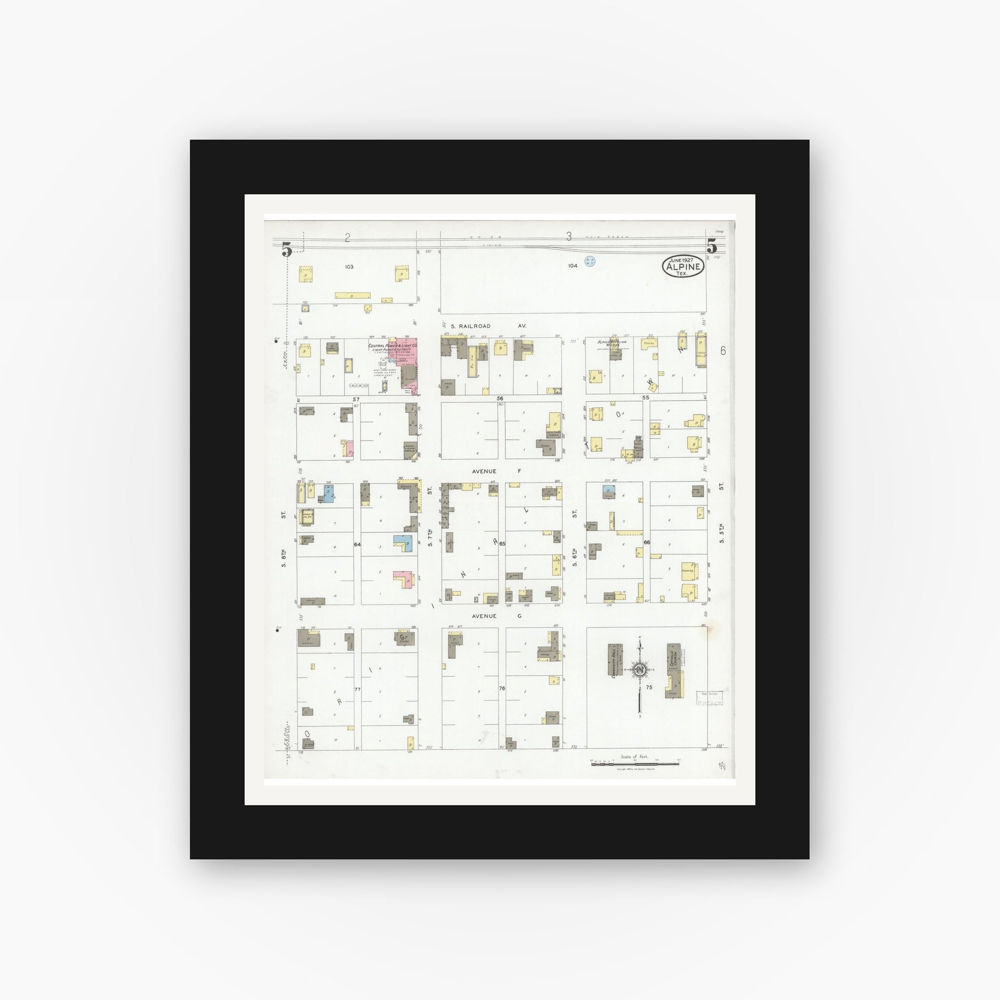 Old map wall art mockup — black gallery frame with white mat — Sanborn Fire Insurance Map from Alpine, Brewster County, Texas (1927), Sheet #0005