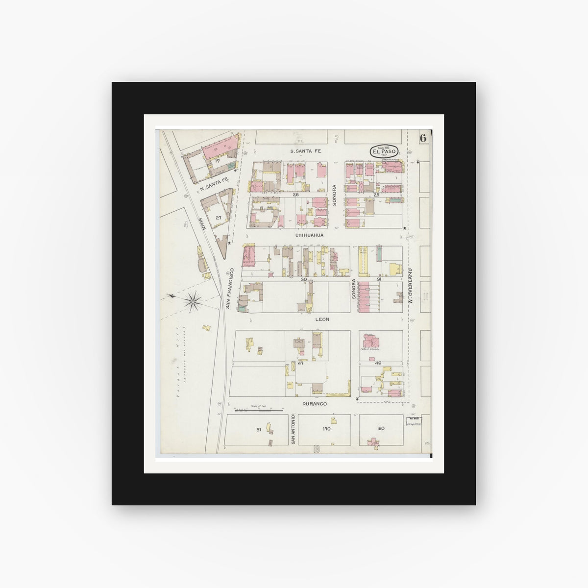 Old map wall art mockup — black gallery frame with white mat — Sanborn Fire Insurance Map from El Paso, El Paso County, Texas (1893), Sheet #0006