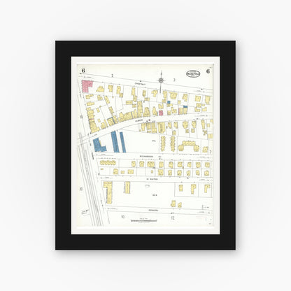 Old map wall art mockup — black gallery frame with white mat — Sanborn Fire Insurance Map from Wakefield, Middlesex County, Massachusetts (1923), Sheet #0006