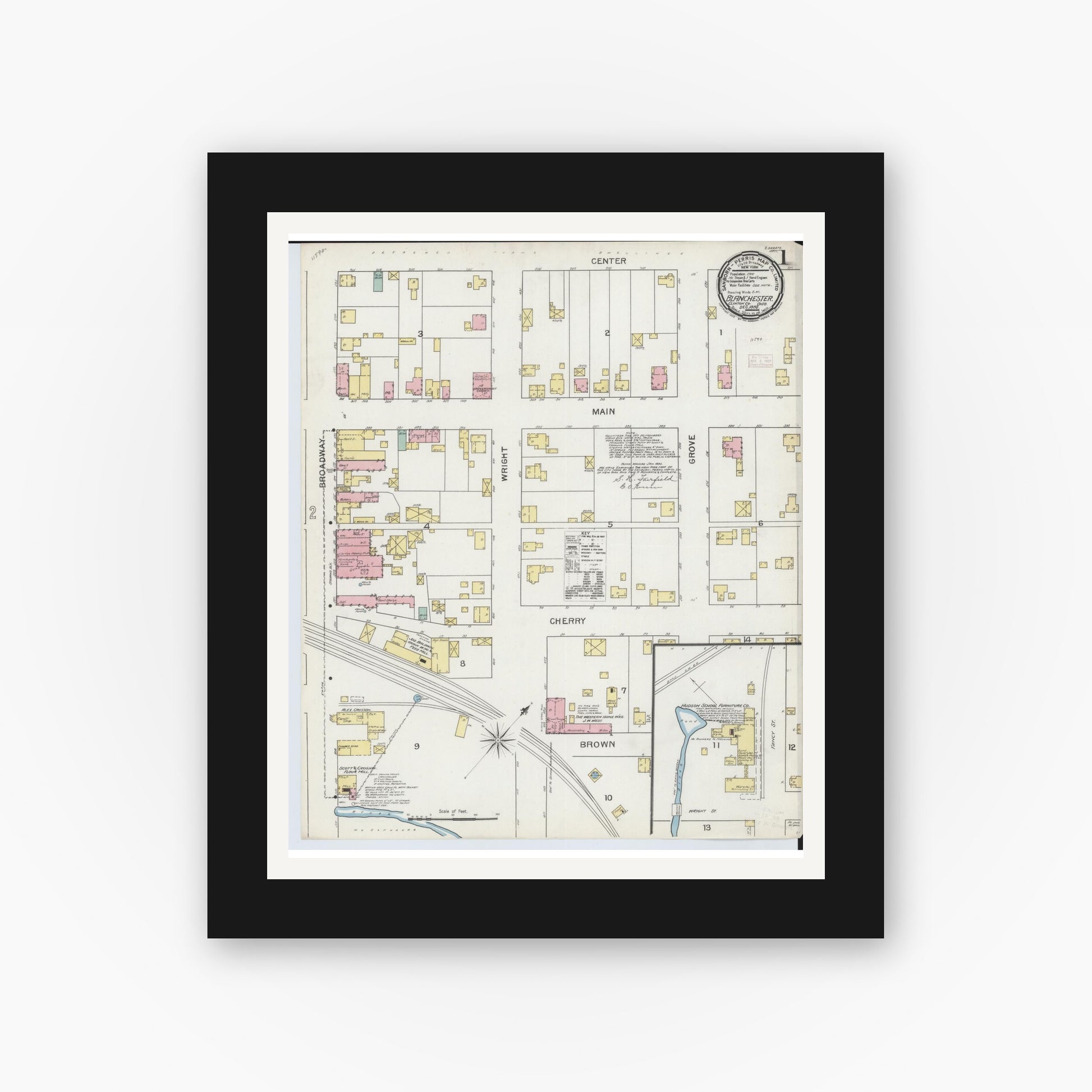 Old map wall art mockup — black gallery frame with white mat — Sanborn Fire Insurance Map from Blanchester, Clinton County, Ohio (1892) - Complete Map Set