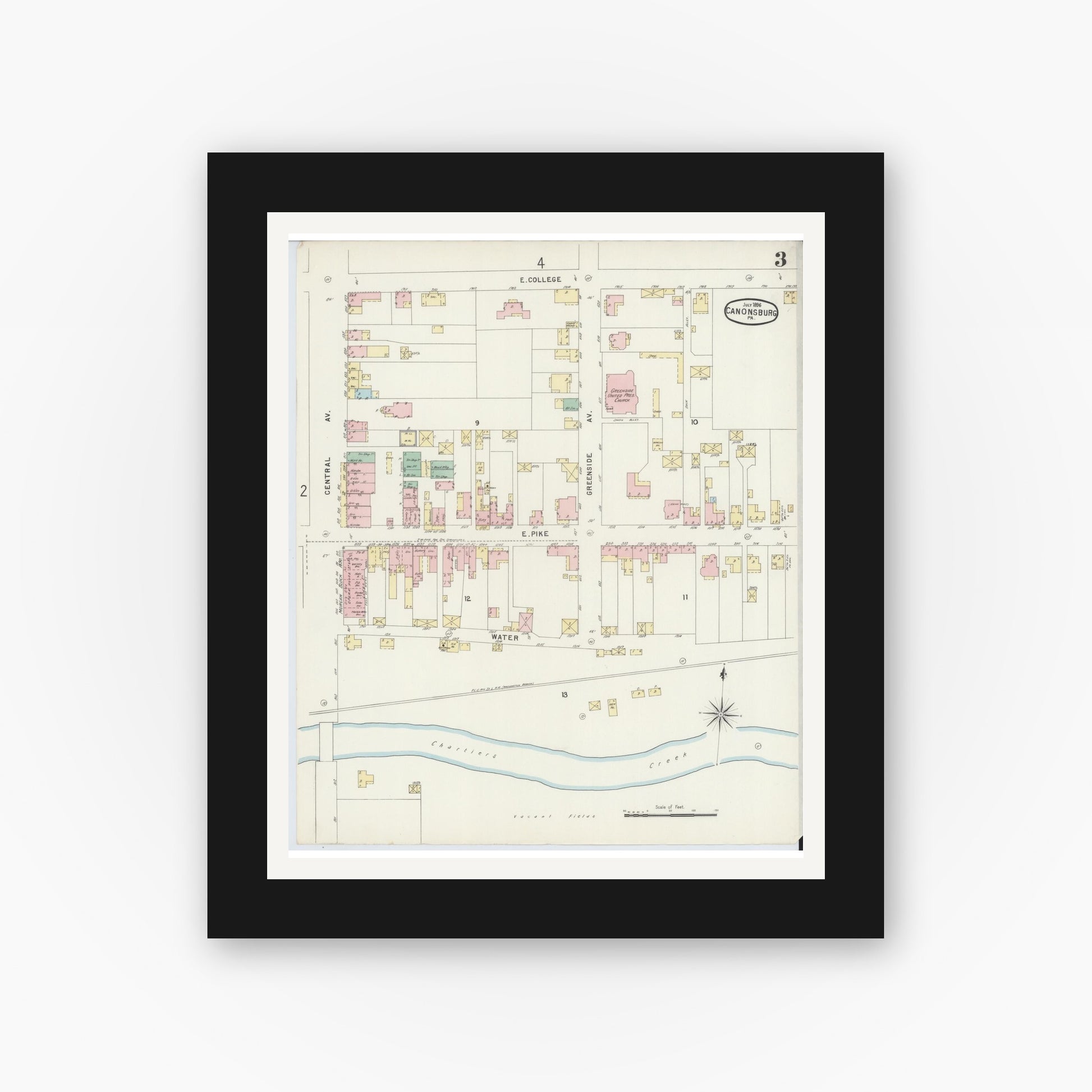 Old map wall art mockup — black gallery frame with white mat — Sanborn Fire Insurance Map from Canonsburg, Washington County, Pennsylvania (1896), Sheet #0003