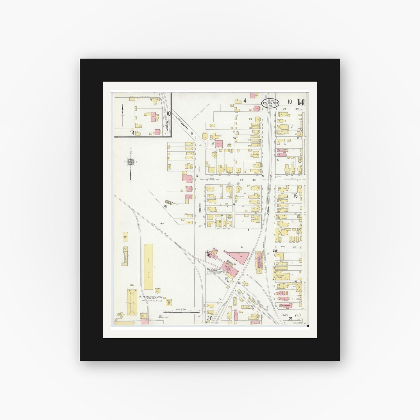 Old map wall art mockup — black gallery frame with white mat — Sanborn Fire Insurance Map from Columbus, Bartholomew County, Indiana (1912), Sheet #0014