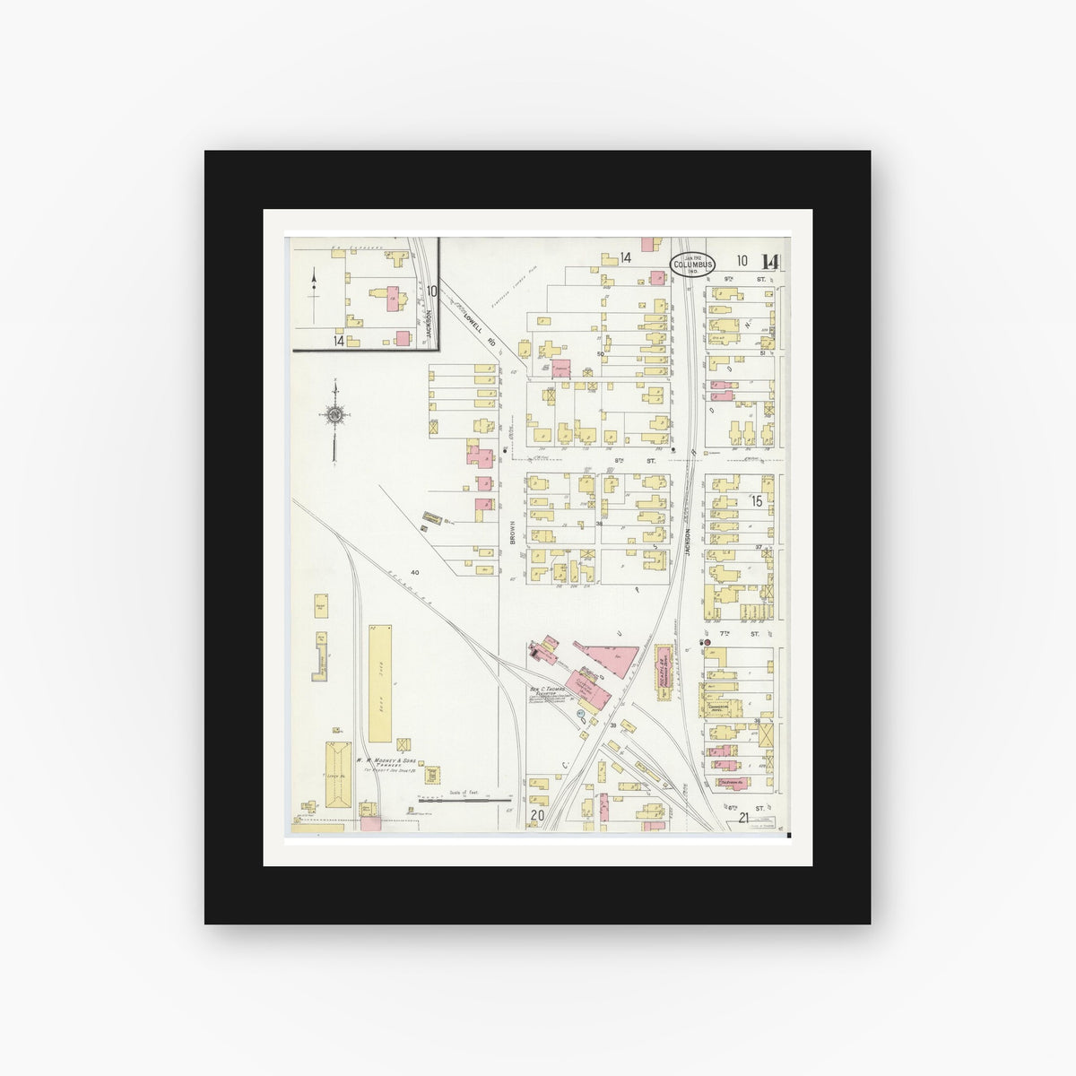 Old map wall art mockup — black gallery frame with white mat — Sanborn Fire Insurance Map from Columbus, Bartholomew County, Indiana (1912), Sheet #0014