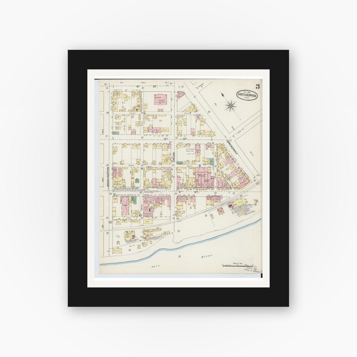 Old map wall art mockup — black gallery frame with white mat — Sanborn Fire Insurance Map from East Liverpool, Columbiana County, Ohio (1887), Sheet #0003