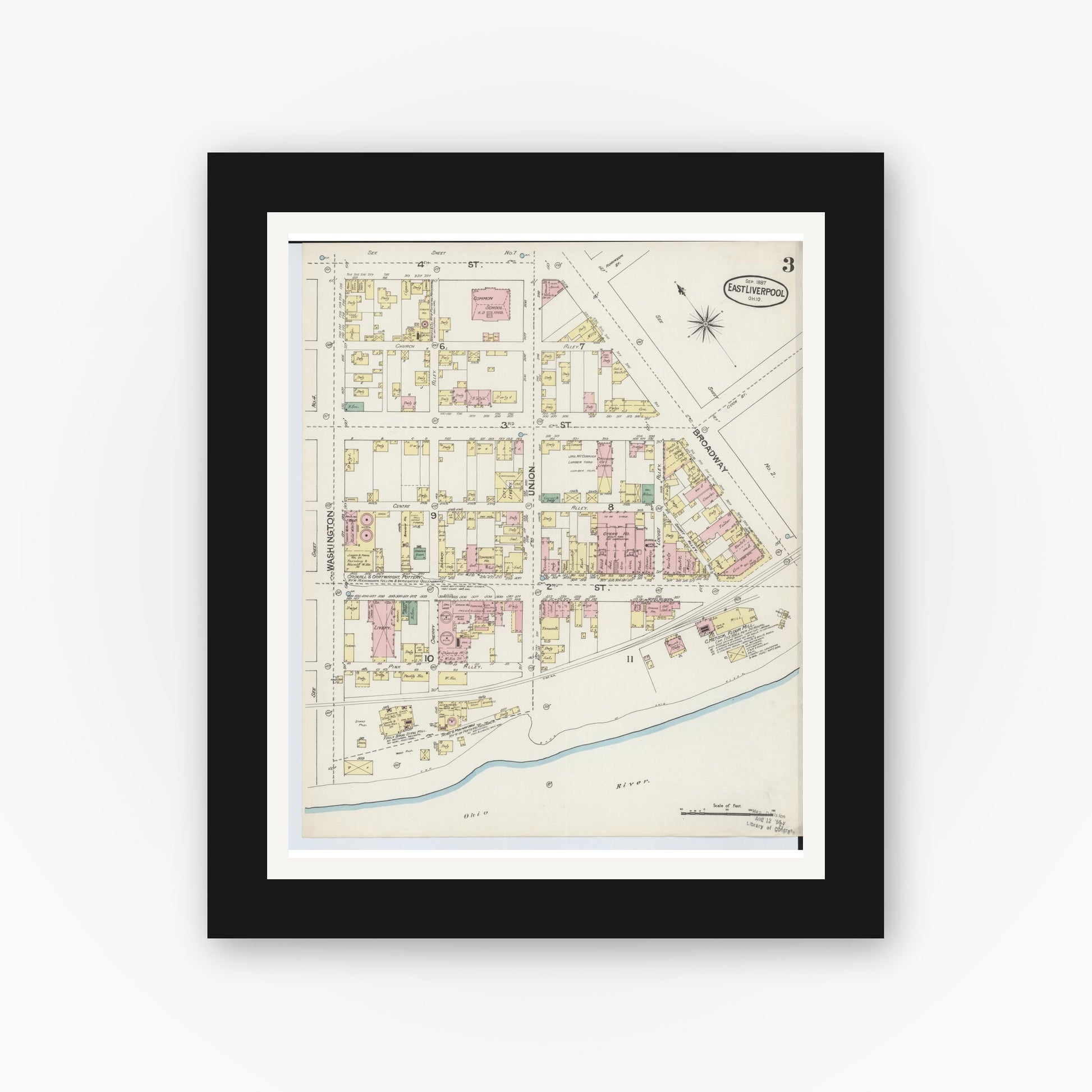Old map wall art mockup — black gallery frame with white mat — Sanborn Fire Insurance Map from East Liverpool, Columbiana County, Ohio (1887), Sheet #0003