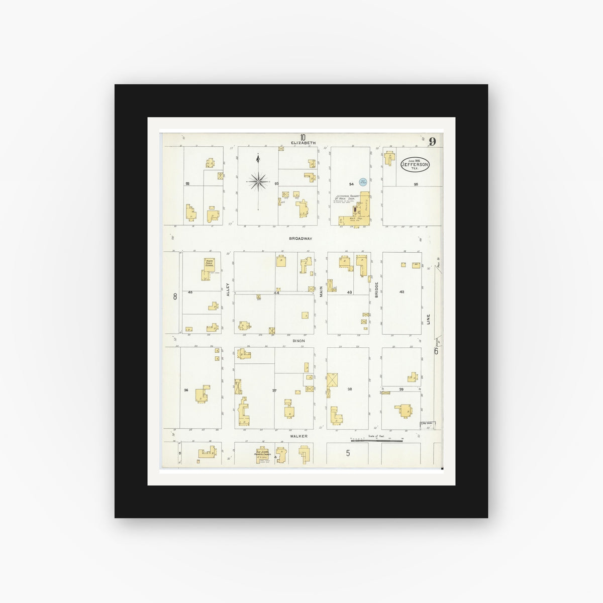 Old map wall art mockup — black gallery frame with white mat — Sanborn Fire Insurance Map from Jefferson, Marion County, Texas (1906), Sheet #0009