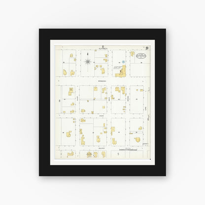 Old map wall art mockup — black gallery frame with white mat — Sanborn Fire Insurance Map from Jefferson, Marion County, Texas (1906), Sheet #0009