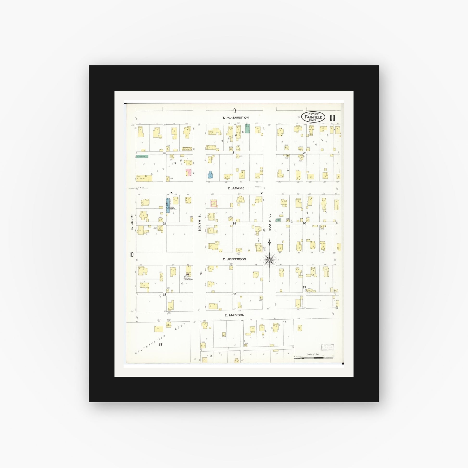 Old map wall art mockup — black gallery frame with white mat — Sanborn Fire Insurance Map from Fairfield, Jefferson County, Iowa (1907), Sheet #0011
