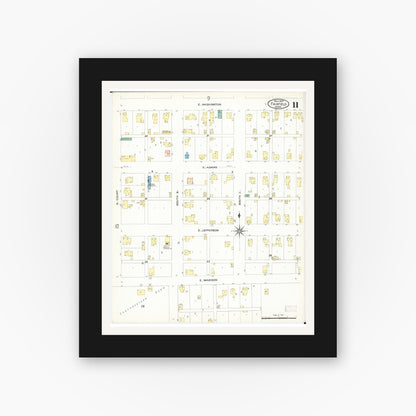 Old map wall art mockup — black gallery frame with white mat — Sanborn Fire Insurance Map from Fairfield, Jefferson County, Iowa (1907), Sheet #0011