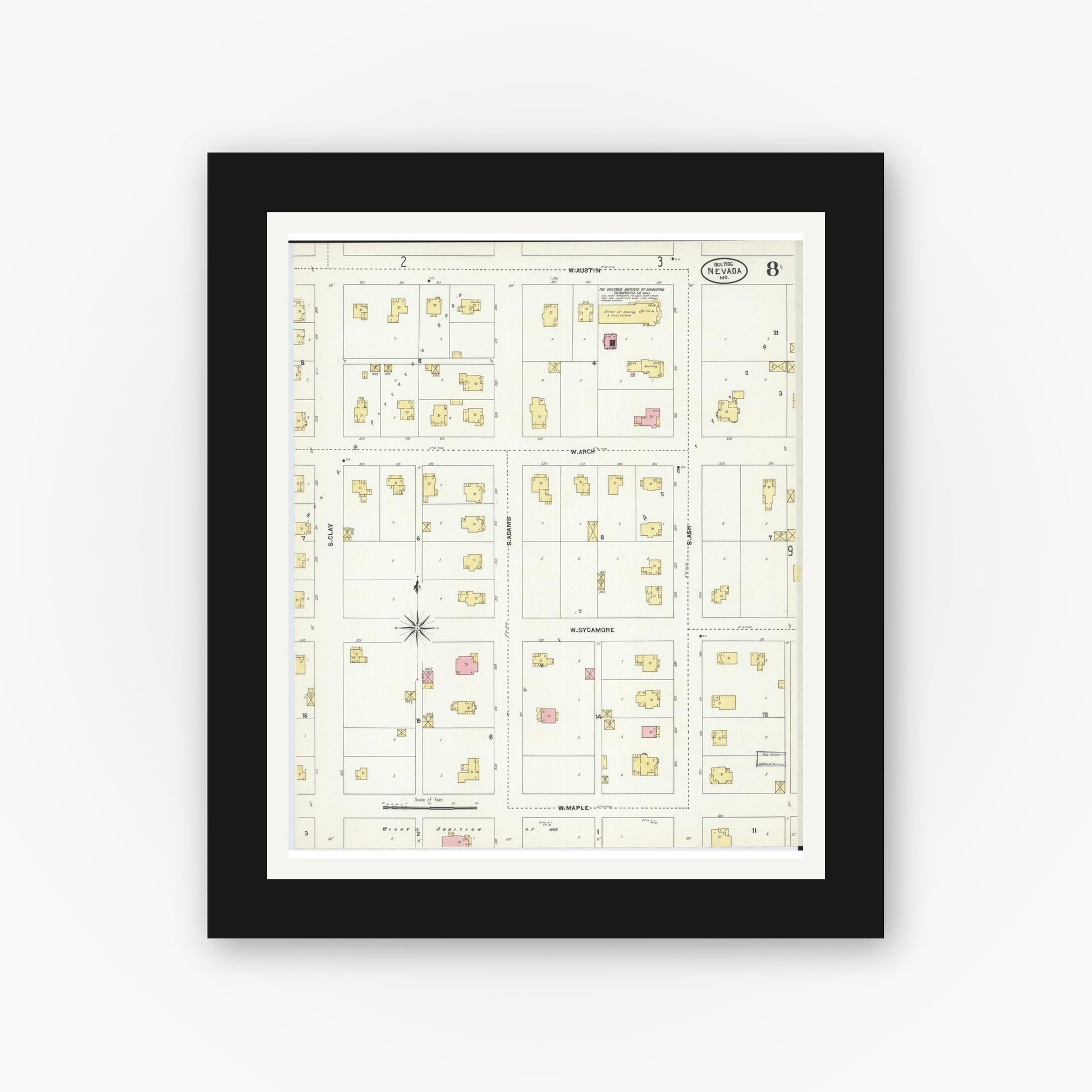 Old map wall art mockup — black gallery frame with white mat — Sanborn Fire Insurance Map from Nevada, Vernon County, Missouri (1906), Sheet #0008
