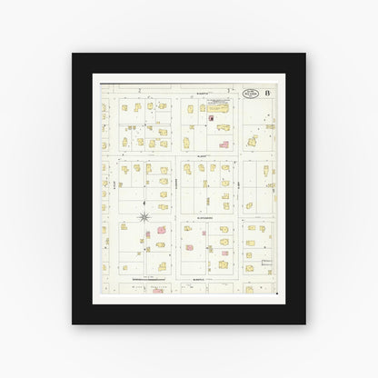 Old map wall art mockup — black gallery frame with white mat — Sanborn Fire Insurance Map from Nevada, Vernon County, Missouri (1906), Sheet #0008