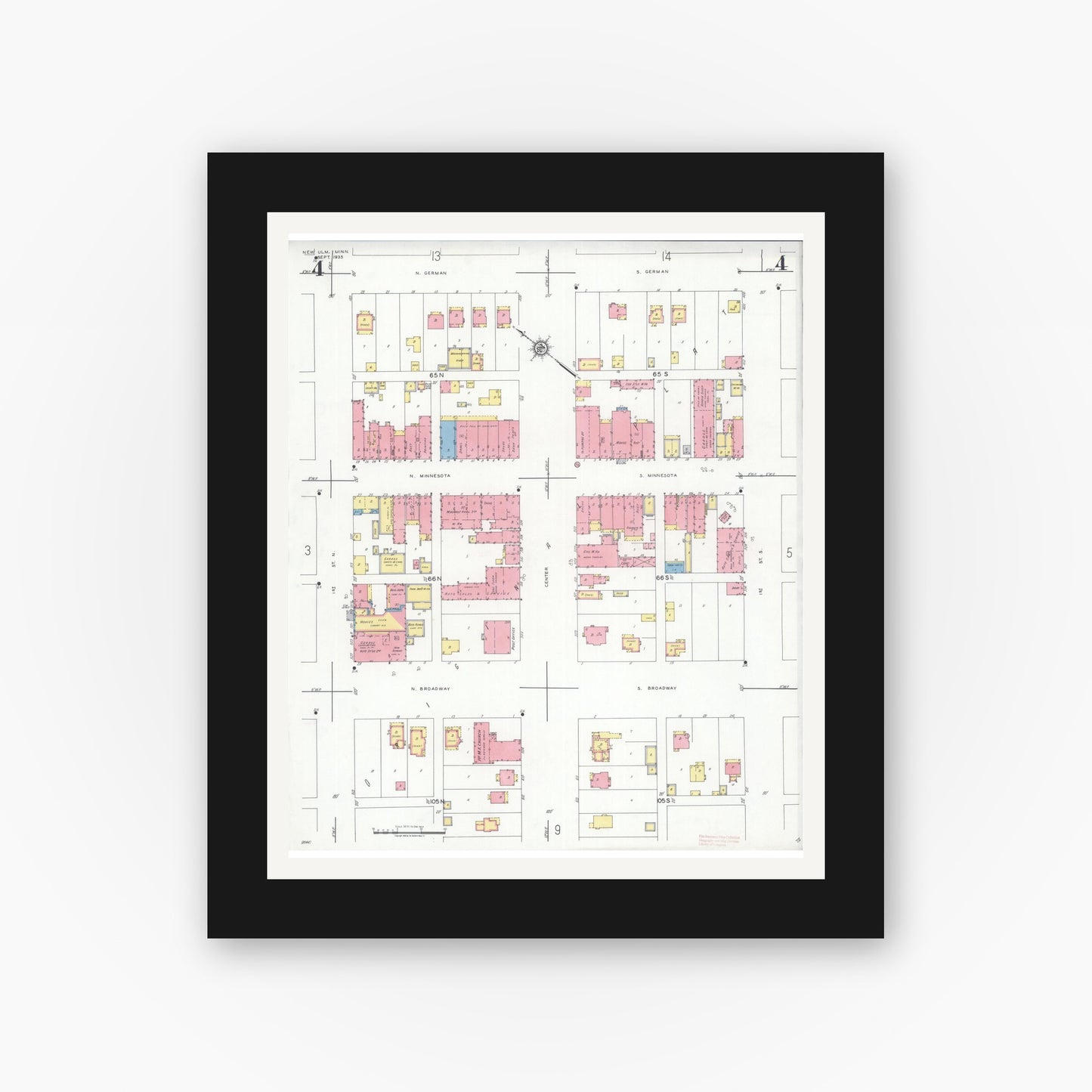 Old map wall art mockup — black gallery frame with white mat — Sanborn Fire Insurance Map from New Ulm, Brown County, Minnesota (1935), Sheet #0004