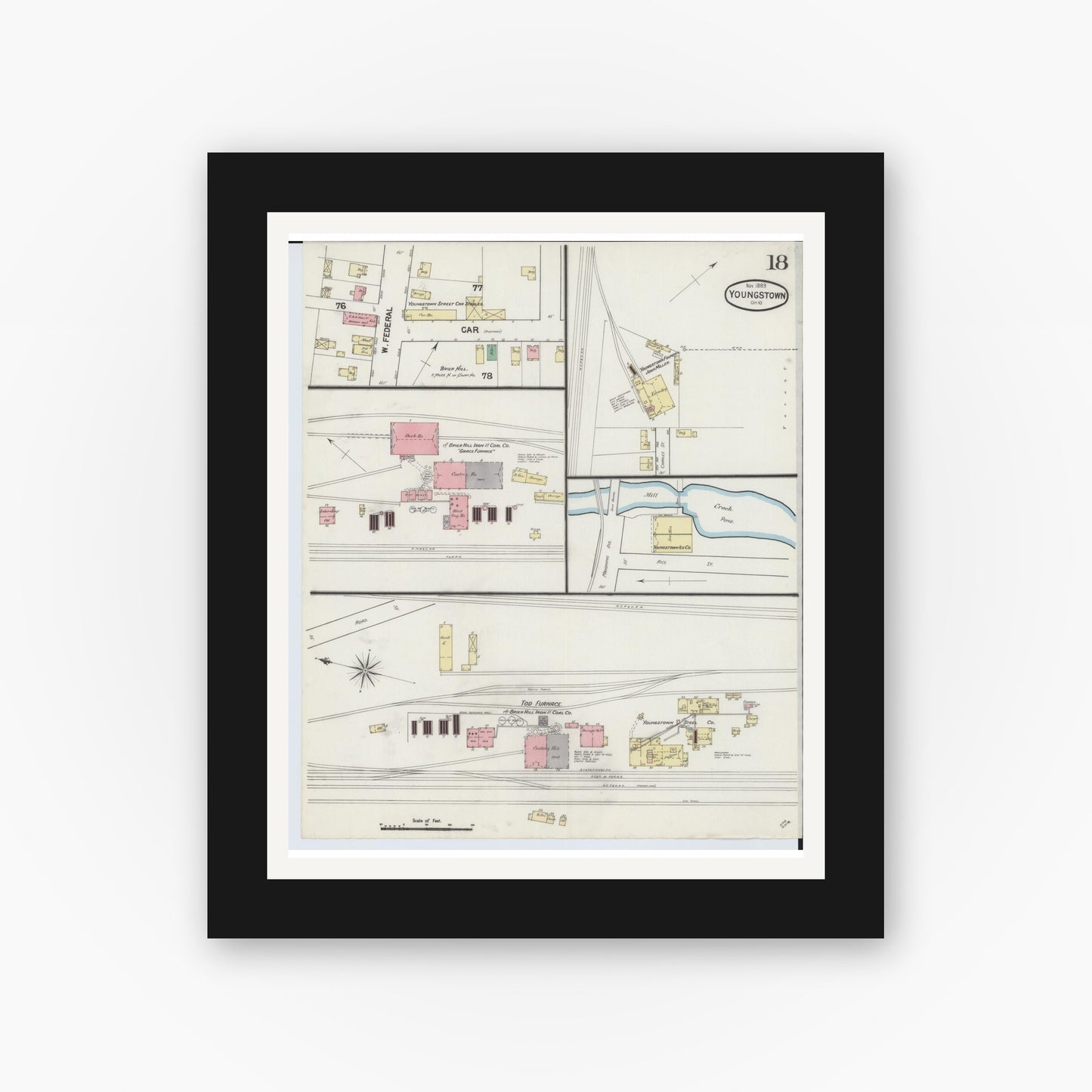 Old map wall art mockup — black gallery frame with white mat — Sanborn Fire Insurance Map from Youngstown, Mahoning County, Ohio (1889), Sheet #0018