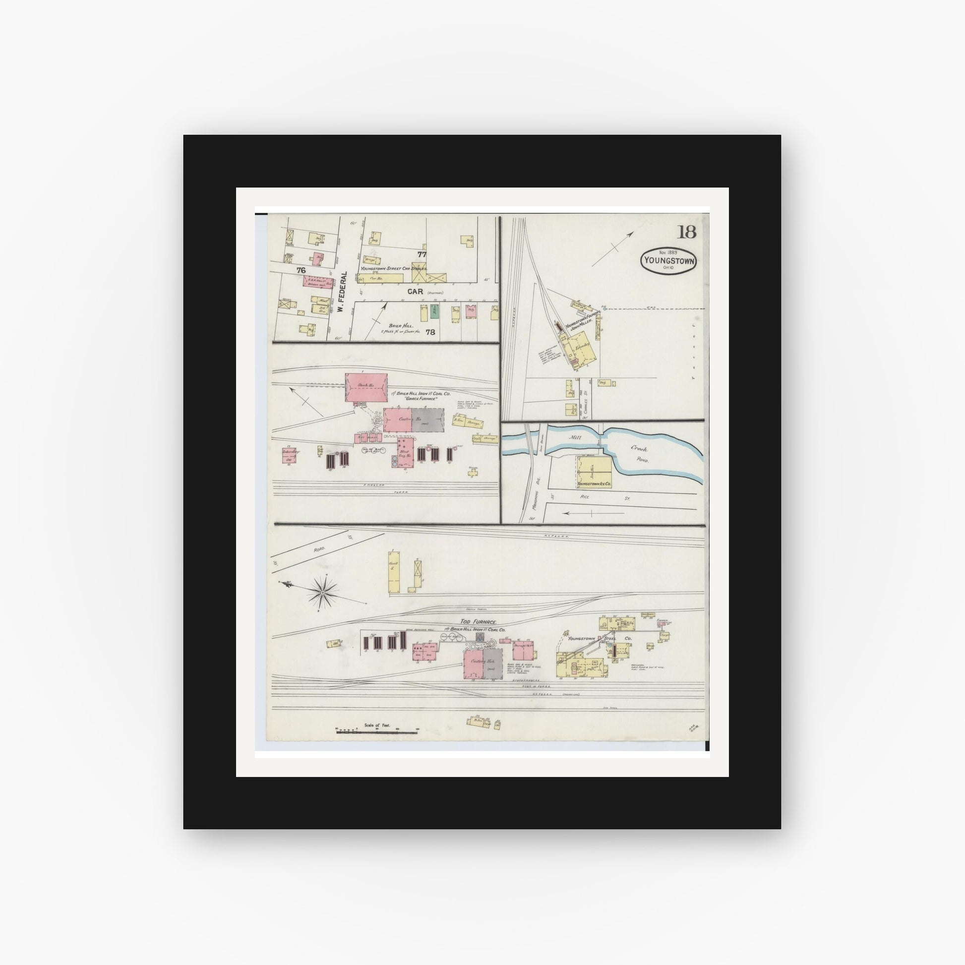 Old map wall art mockup — black gallery frame with white mat — Sanborn Fire Insurance Map from Youngstown, Mahoning County, Ohio (1889), Sheet #0018