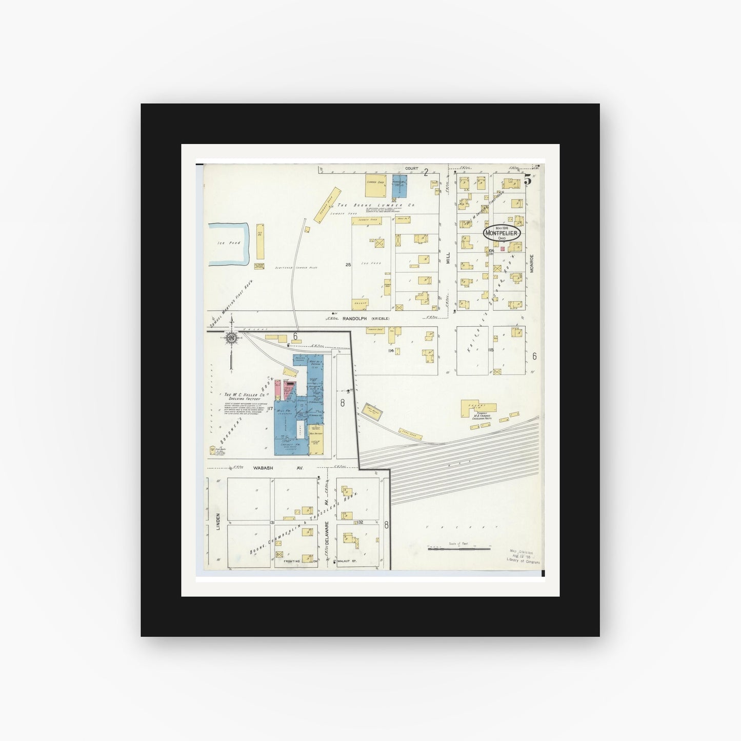 Old map wall art mockup — black gallery frame with white mat — Sanborn Fire Insurance Map from Montpelier, Williams County, Ohio (1916), Sheet #0005