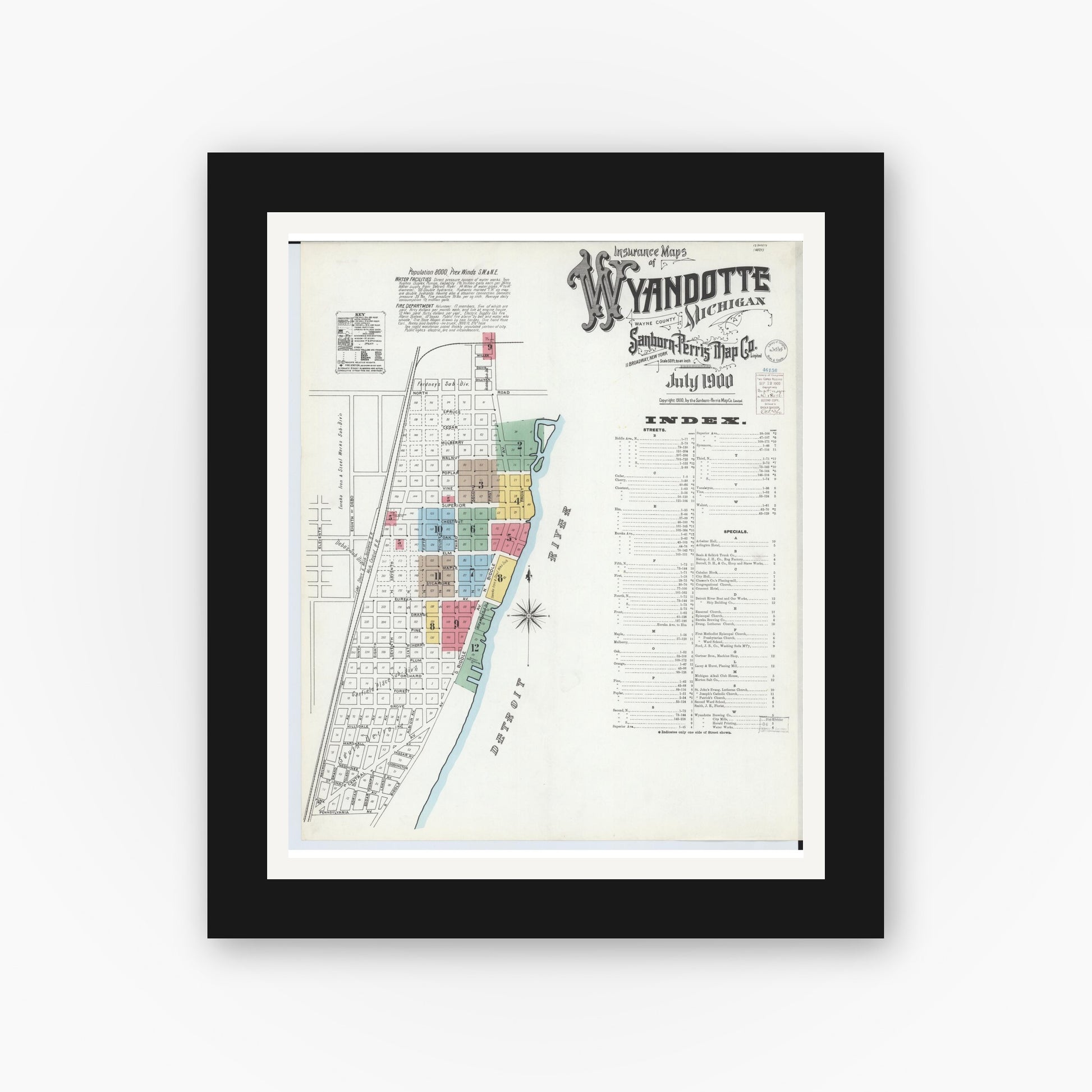 Old map wall art mockup — black gallery frame with white mat — Sanborn Fire Insurance Map from Wyandotte, Wayne County, Michigan (1900), Sheet #0001