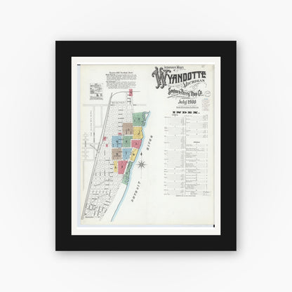 Old map wall art mockup — black gallery frame with white mat — Sanborn Fire Insurance Map from Wyandotte, Wayne County, Michigan (1900), Sheet #0001