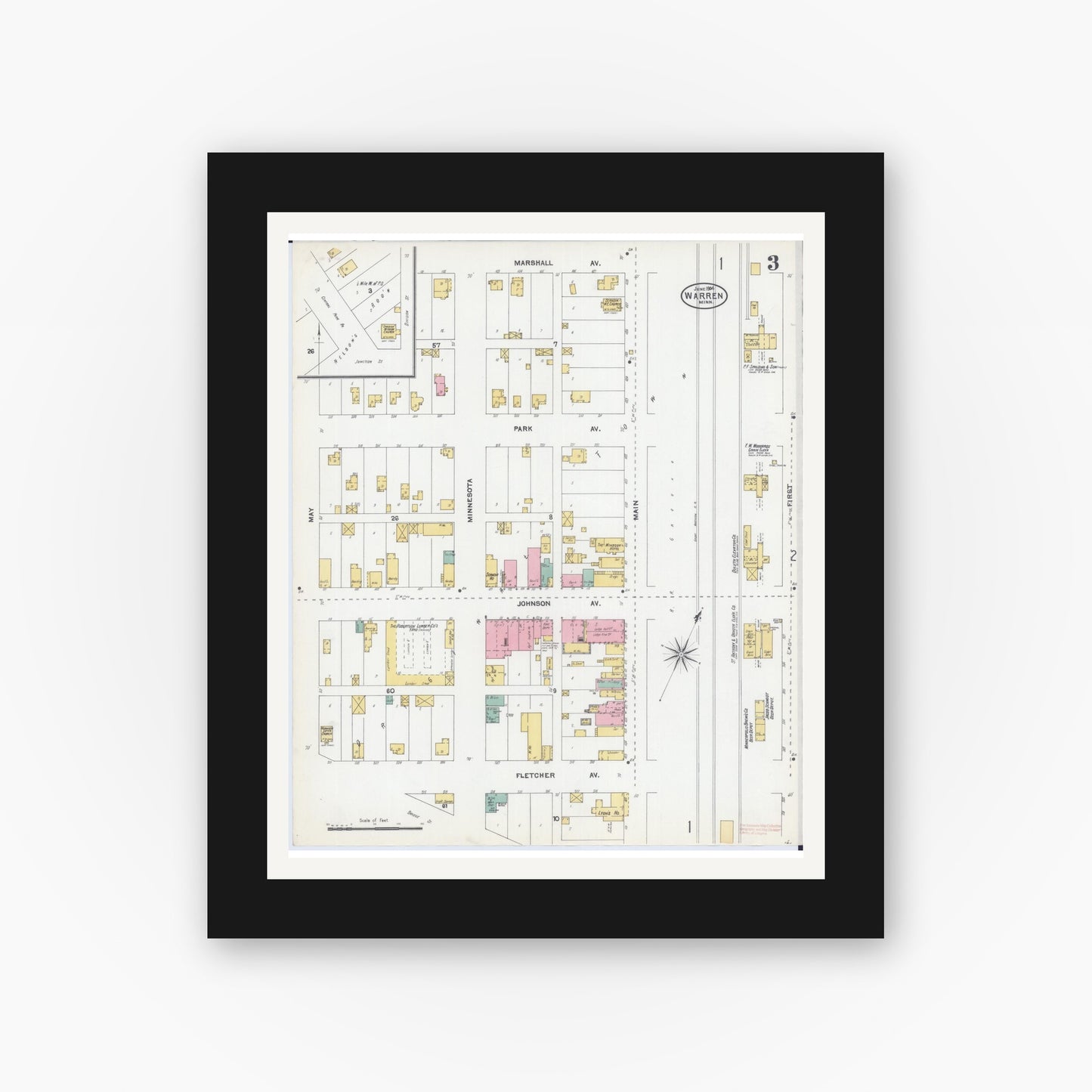 Old map wall art mockup — black gallery frame with white mat — Sanborn Fire Insurance Map from Warren, Marshall County, Minnesota (1904), Sheet #0003