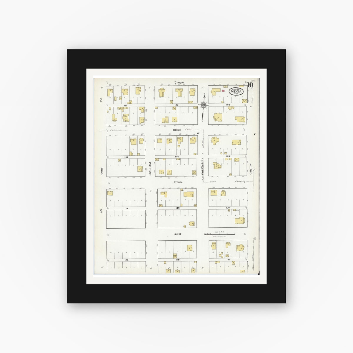 Old map wall art mockup — black gallery frame with white mat — Sanborn Fire Insurance Map from Mexia, Limestone County, Texas (1921), Sheet #0010