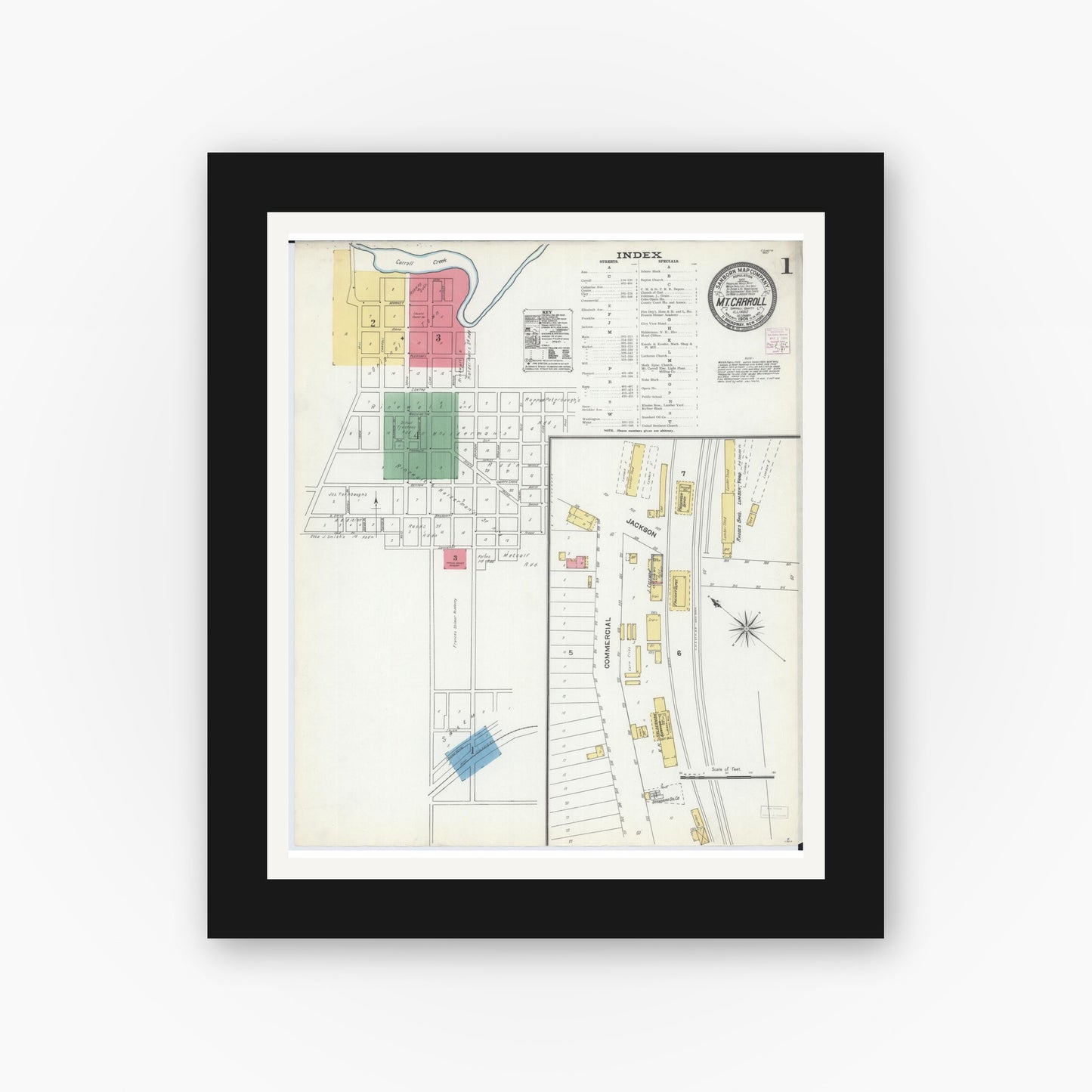 Old map wall art mockup — black gallery frame with white mat — Sanborn Fire Insurance Map from Mount Carroll, Carroll County, Illinois (1904), Sheet #0001