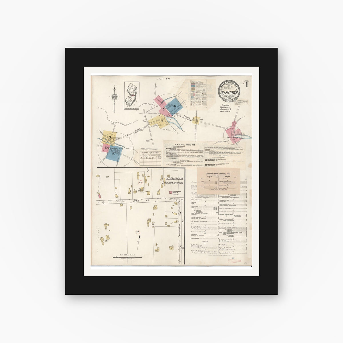Old map wall art mockup — black gallery frame with white mat — Sanborn Fire Insurance Map from Allentown, Monmouth County, New Jersey (1940) - Complete Map Set