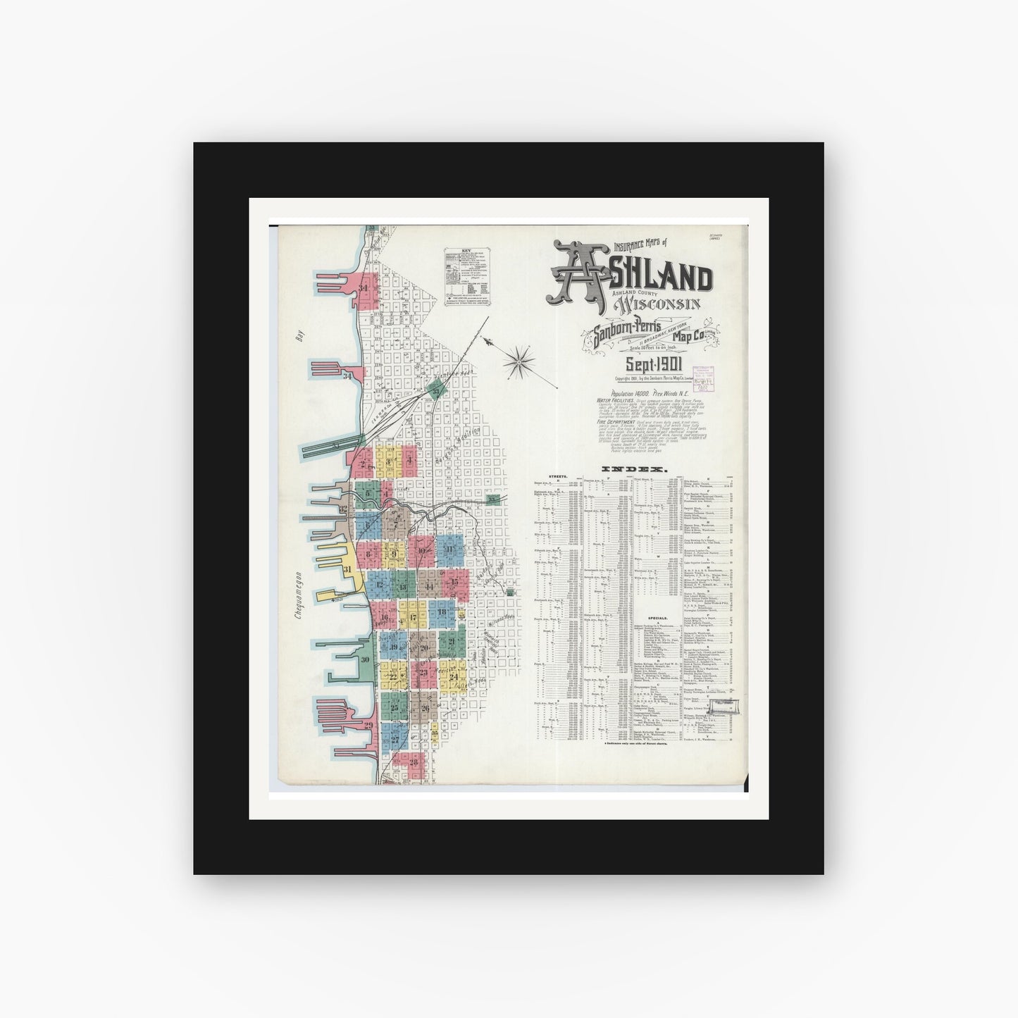 Old map wall art mockup — black gallery frame with white mat — Sanborn Fire Insurance Map from Ashland, Ashland County, Wisconsin (1901) - Complete Map Set
