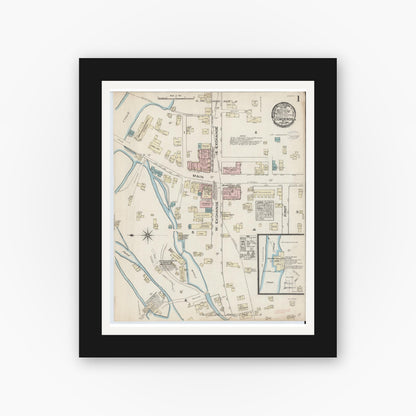 Old map wall art mockup — black gallery frame with white mat — Sanborn Fire Insurance Map from Ticonderoga, Essex County, New York (1884), Sheet #0001