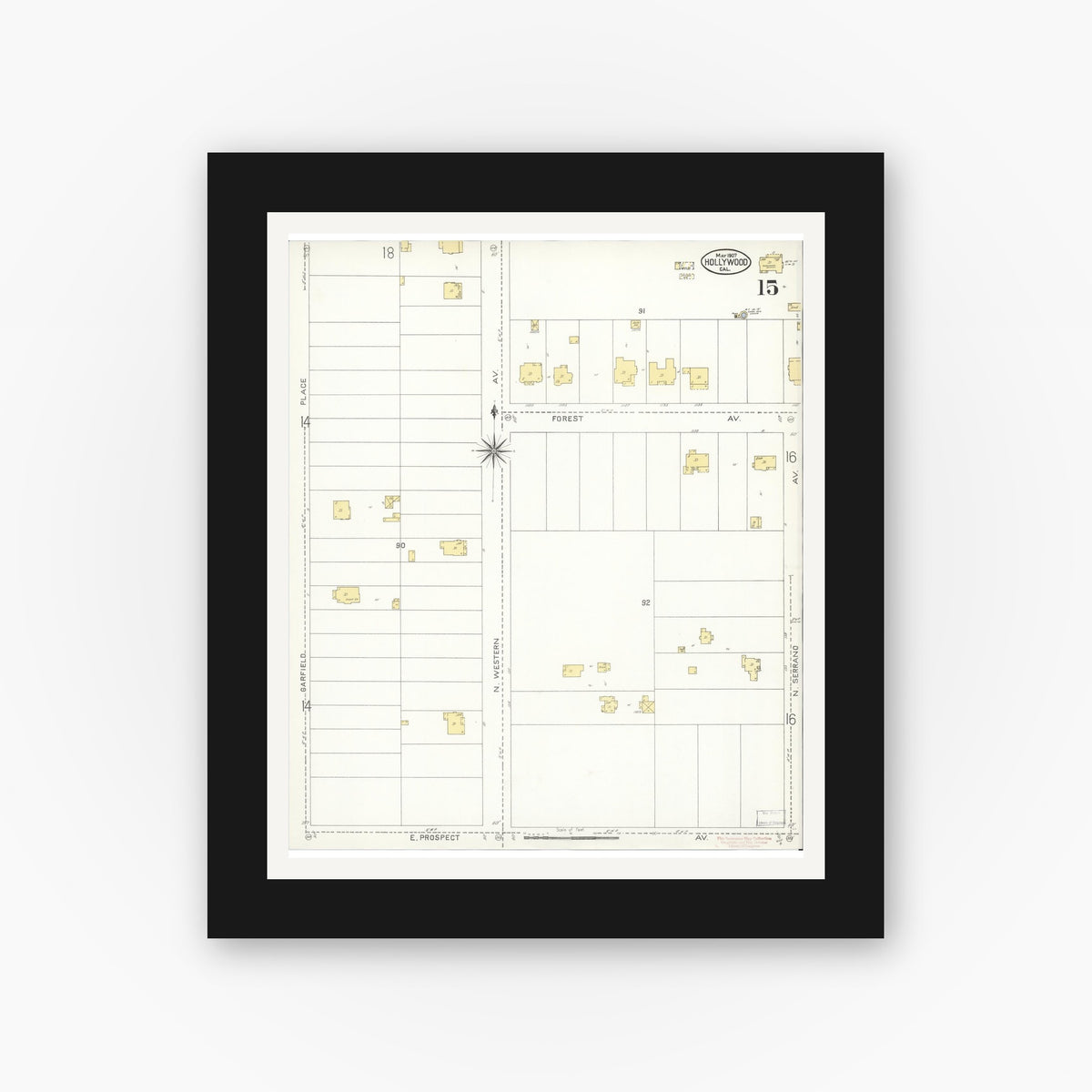 Old map wall art mockup — black gallery frame with white mat — Sanborn Fire Insurance Map from Hollywood, Los Angeles County, California (1907), Sheet #0015